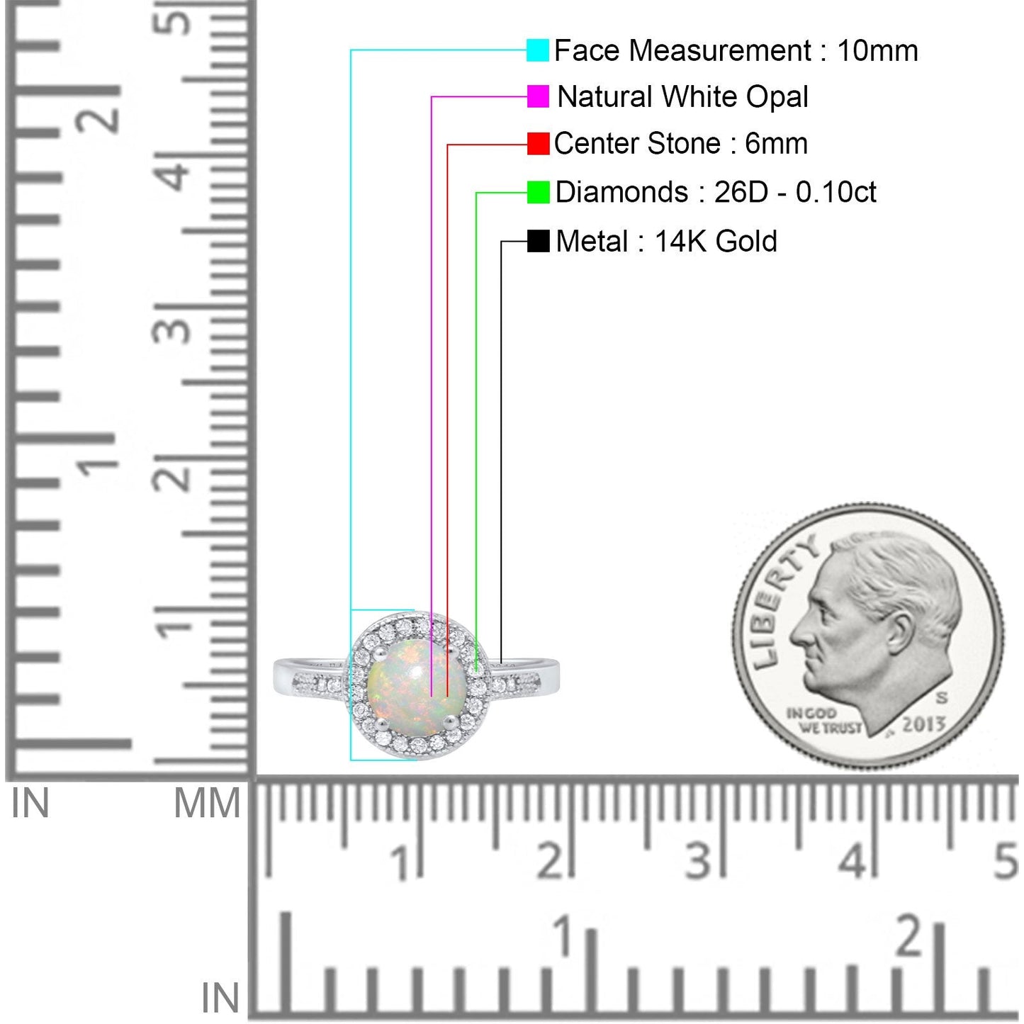 14K White Gold 0.10ct Round Art Deco 6mm G SI Natural White Opal Diamond Engagement Wedding Ring Size 6.5