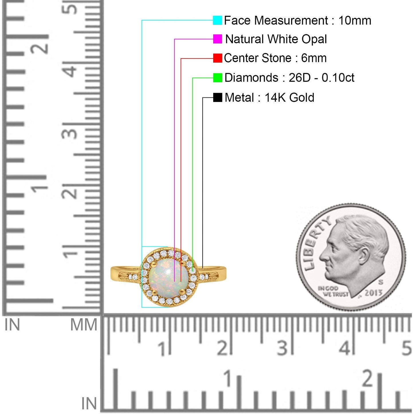 14K Yellow Gold 0.10ct Round Art Deco 6mm G SI Natural White Opal Diamond Engagement Wedding Ring Size 6.5