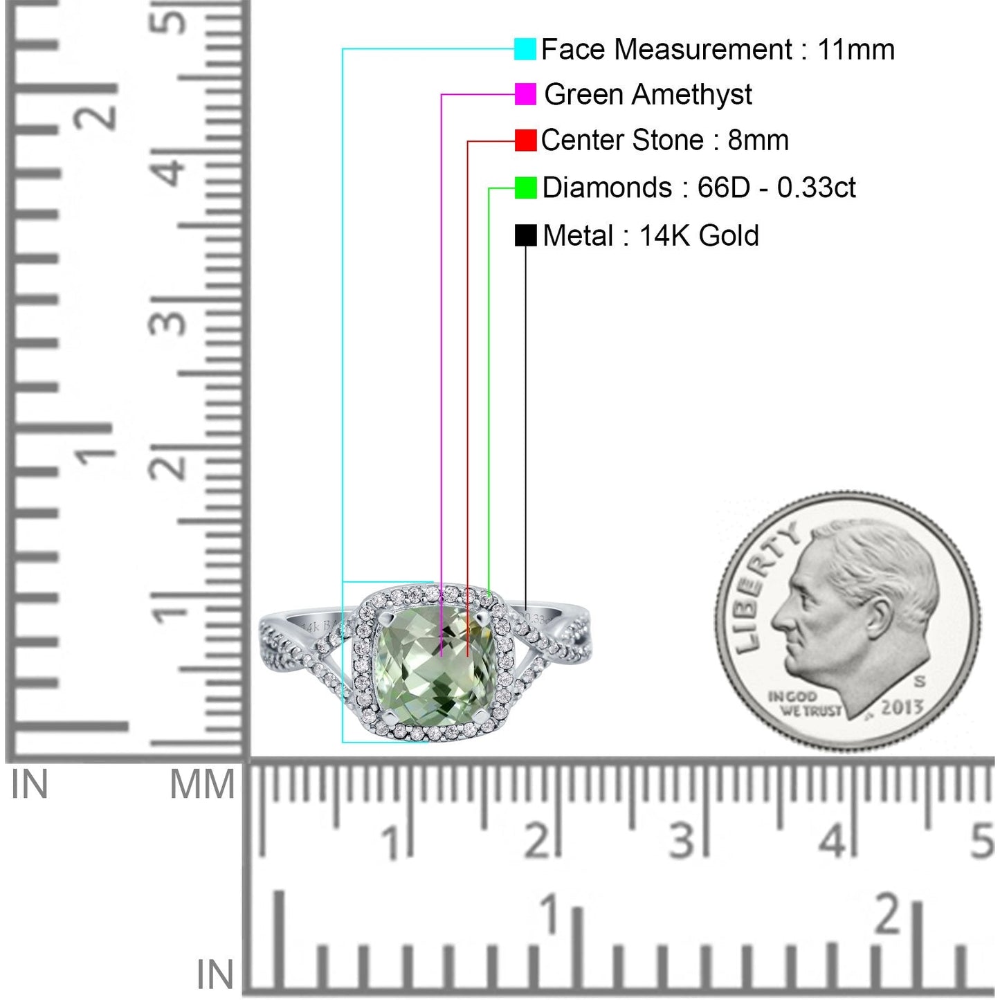 14K White Gold 2.37ct Cushion Infinity Shank 8mm G SI Natural Green Amethyst Diamond Engagement Wedding Ring Size 6.5