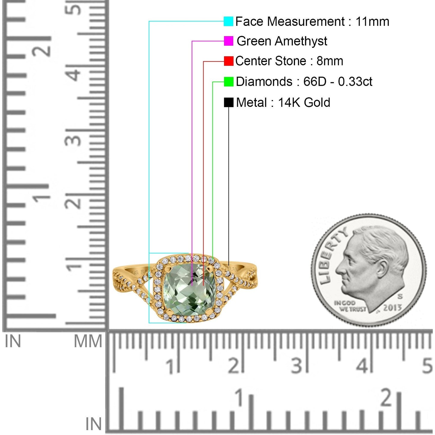 14K Yellow Gold 2.37ct Cushion Infinity Shank 8mm G SI Natural Green Amethyst Diamond Engagement Wedding Ring Size 6.5