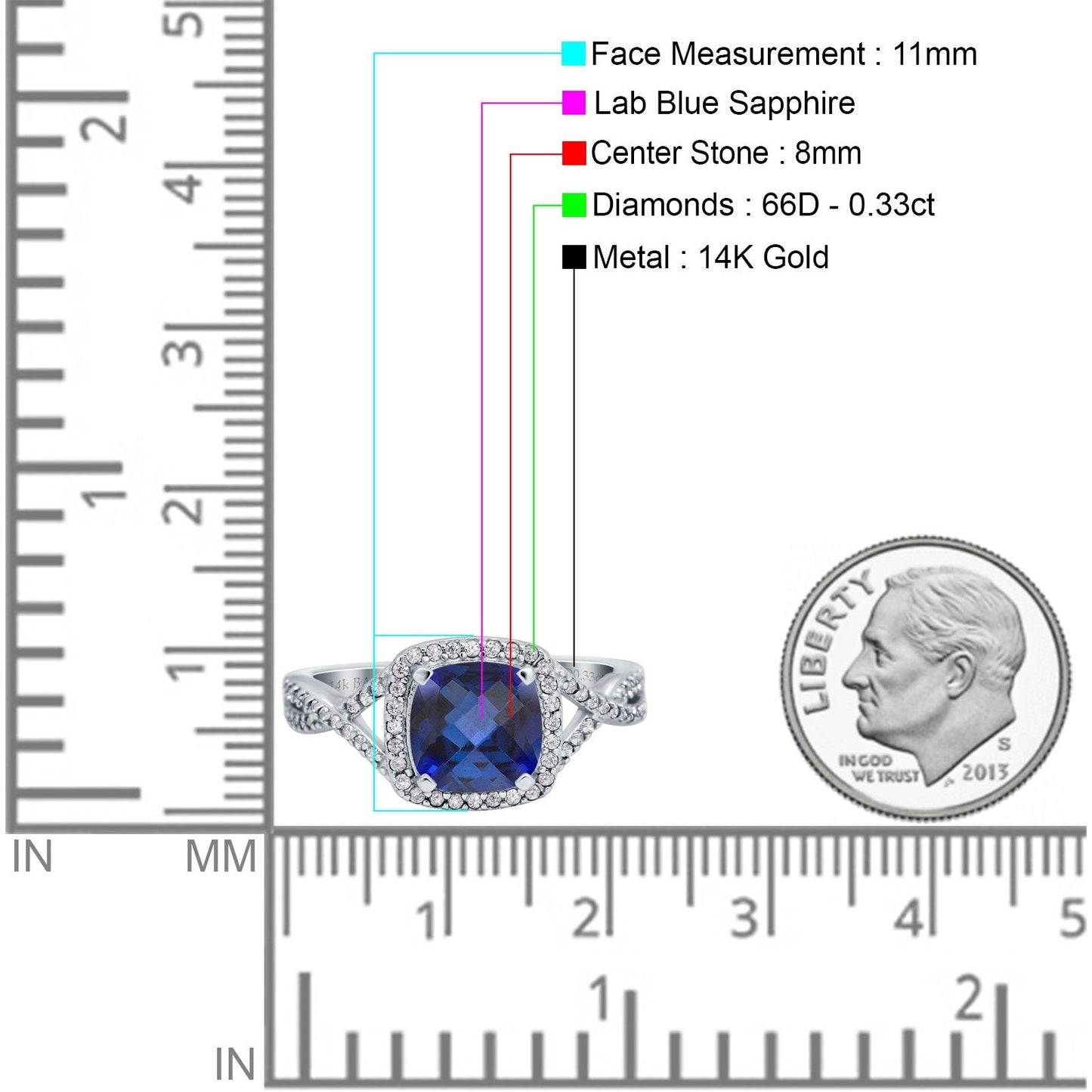 14K White Gold 2.37ct Cushion Infinity Shank 8mm G SI Nano Blue Sapphire Diamond Engagement Wedding Ring Size 6.5