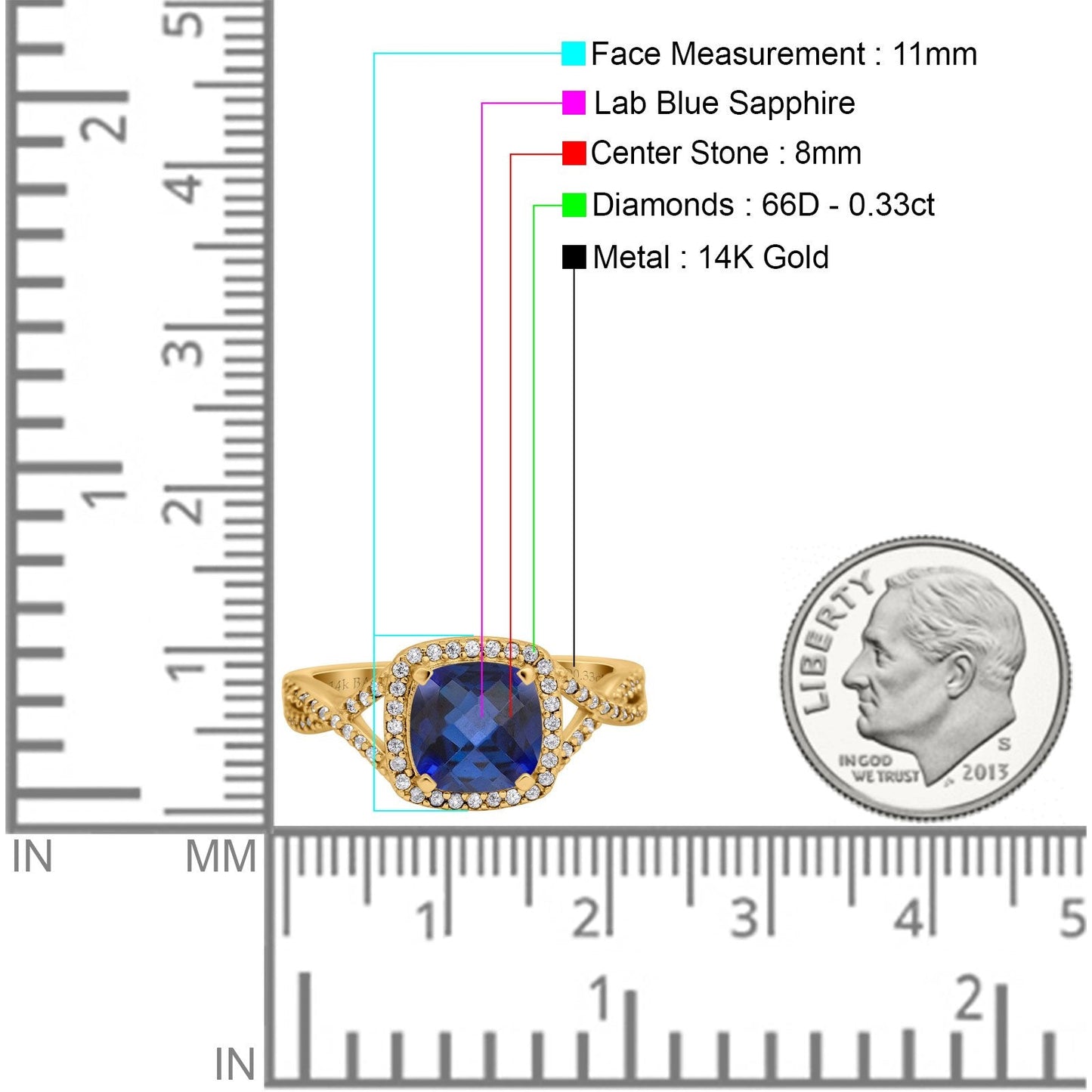 14K Yellow Gold 2.37ct Cushion Infinity Shank 8mm G SI Nano Blue Sapphire Diamond Engagement Wedding Ring Size 6.5