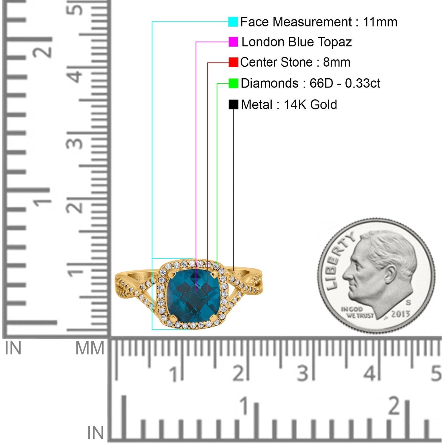 14K Yellow Gold 2.37ct Cushion Infinity Shank 8mm G SI London Blue Topaz Diamond Engagement Wedding Ring Size 6.5