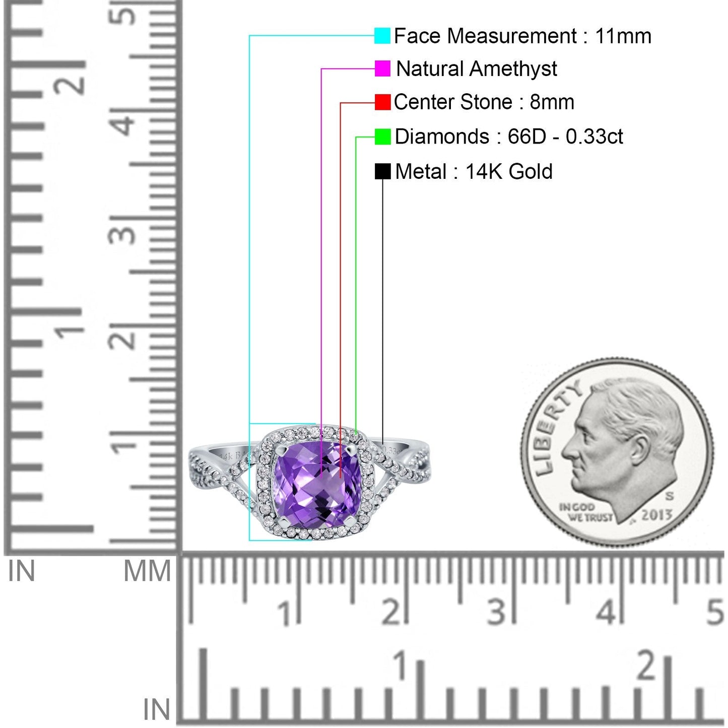 14K White Gold 2.37ct Cushion Infinity Shank 8mm G SI Natural Amethyst Diamond Engagement Wedding Ring Size 6.5