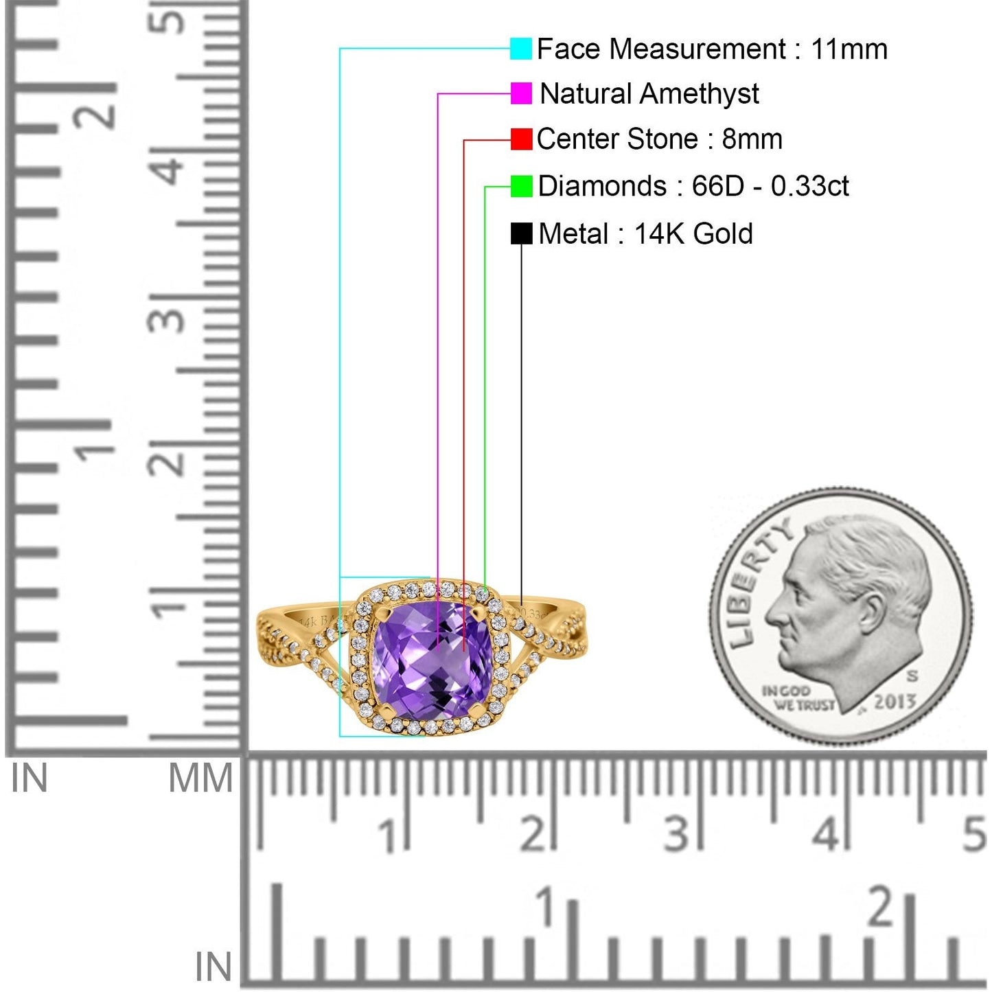 14K Yellow Gold 2.37ct Cushion Infinity Shank 8mm G SI Natural Amethyst Diamond Engagement Wedding Ring Size 6.5