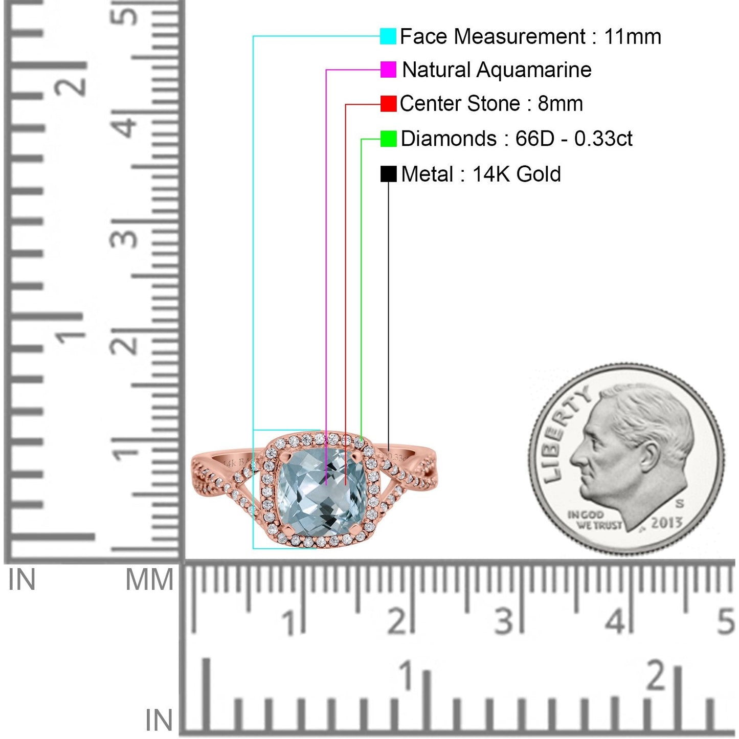 14K Rose Gold 2.37ct Cushion Infinity Shank 8mm G SI Natural Aquamarine Diamond Engagement Wedding Ring Size 6.5