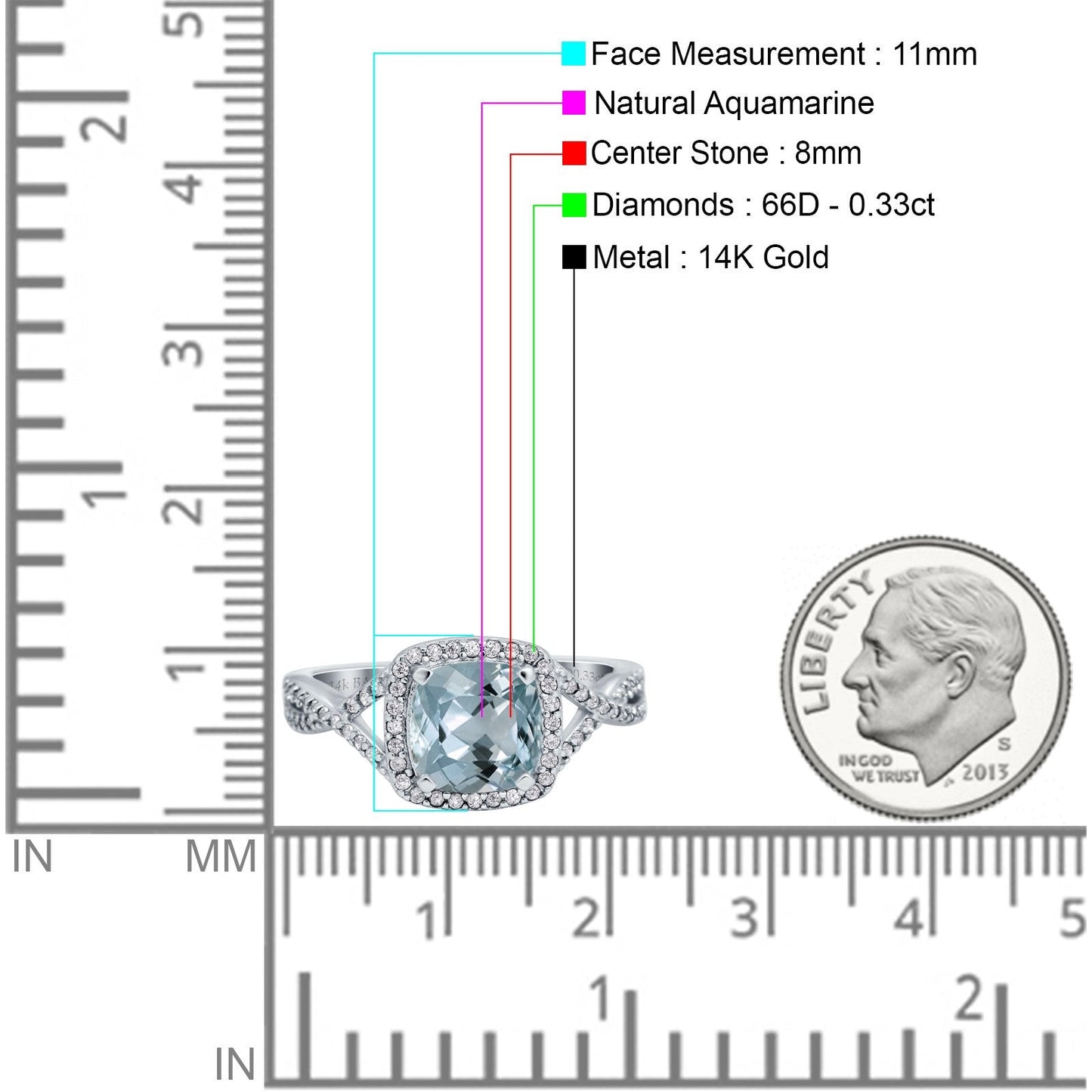 14K White Gold 2.37ct Cushion Infinity Shank 8mm G SI Natural Aquamarine Diamond Engagement Wedding Ring Size 6.5