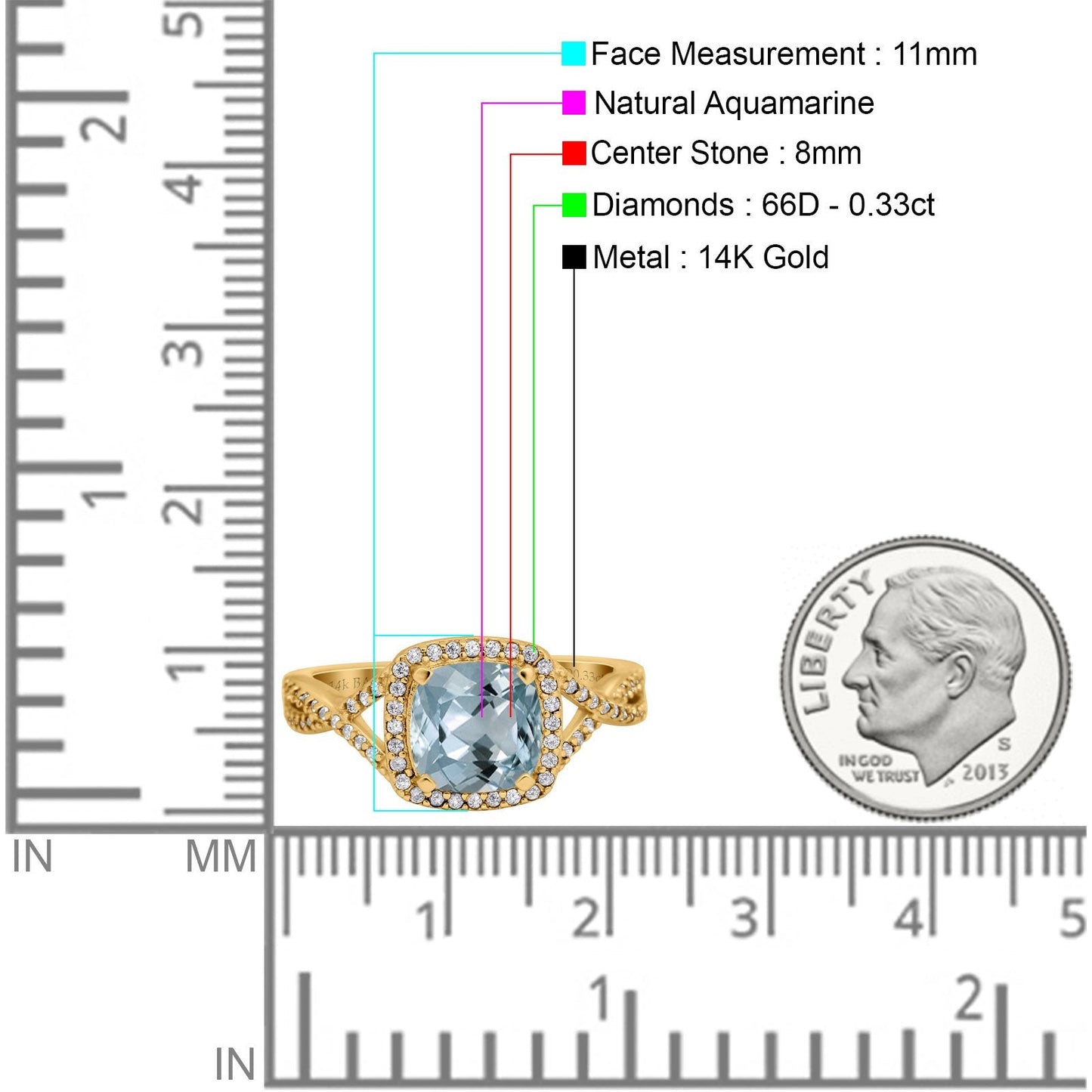 14K Yellow Gold 2.37ct Cushion Infinity Shank 8mm G SI Natural Aquamarine Diamond Engagement Wedding Ring Size 6.5