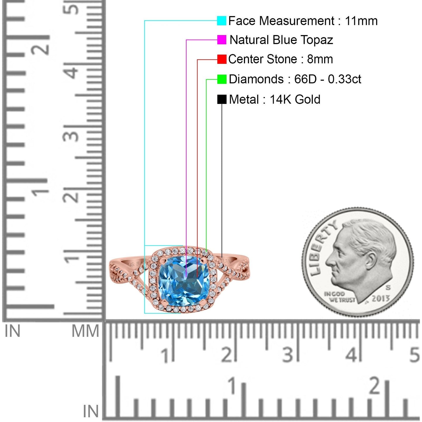 14K Rose Gold 2.37ct Cushion Infinity Shank 8mm G SI Natural Blue Topaz Diamond Engagement Wedding Ring Size 6.5