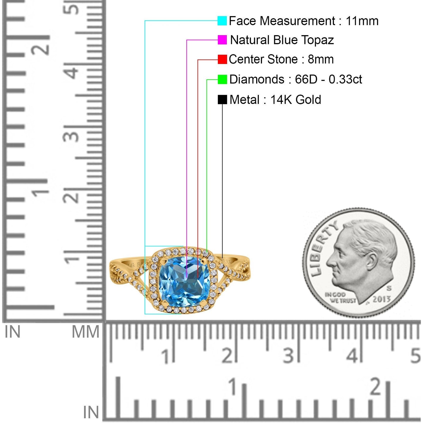 14K Yellow Gold 2.37ct Cushion Infinity Shank 8mm G SI Natural Blue Topaz Diamond Engagement Wedding Ring Size 6.5