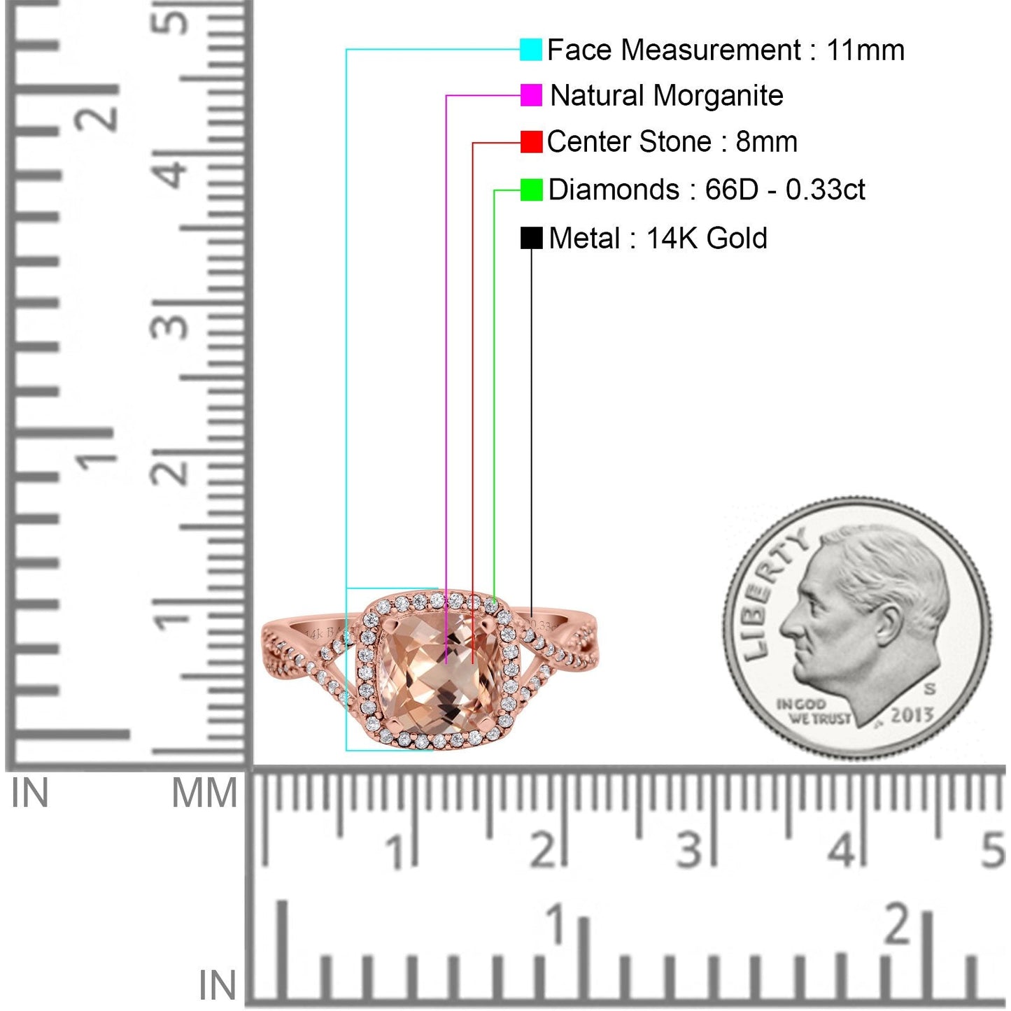 14K Rose Gold 2.37ct Cushion Infinity Shank 8mm G SI Natural Morganite Diamond Engagement Wedding Ring Size 6.5