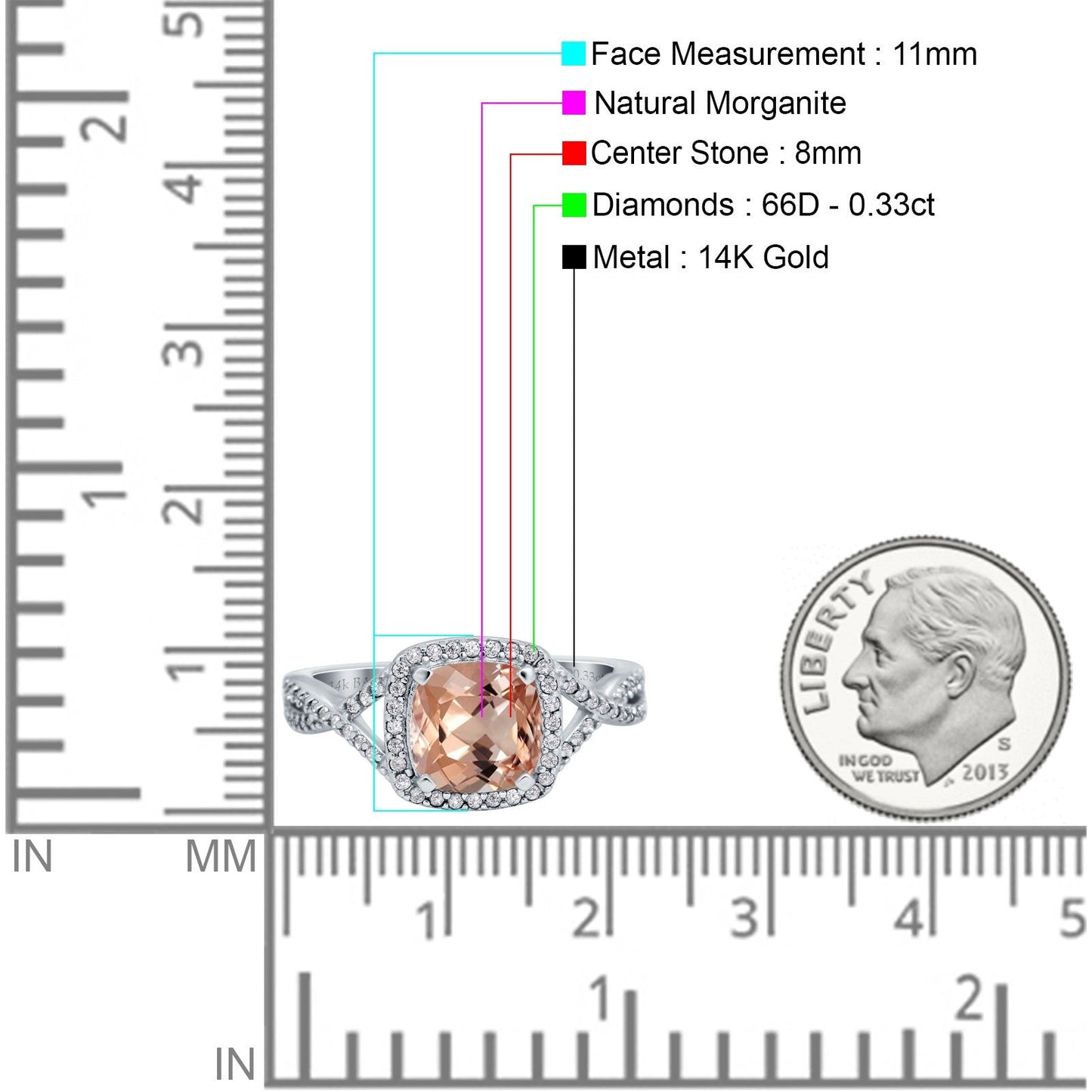 14K White Gold 2.37ct Cushion Infinity Shank 8mm G SI Natural Morganite Diamond Engagement Wedding Ring Size 6.5