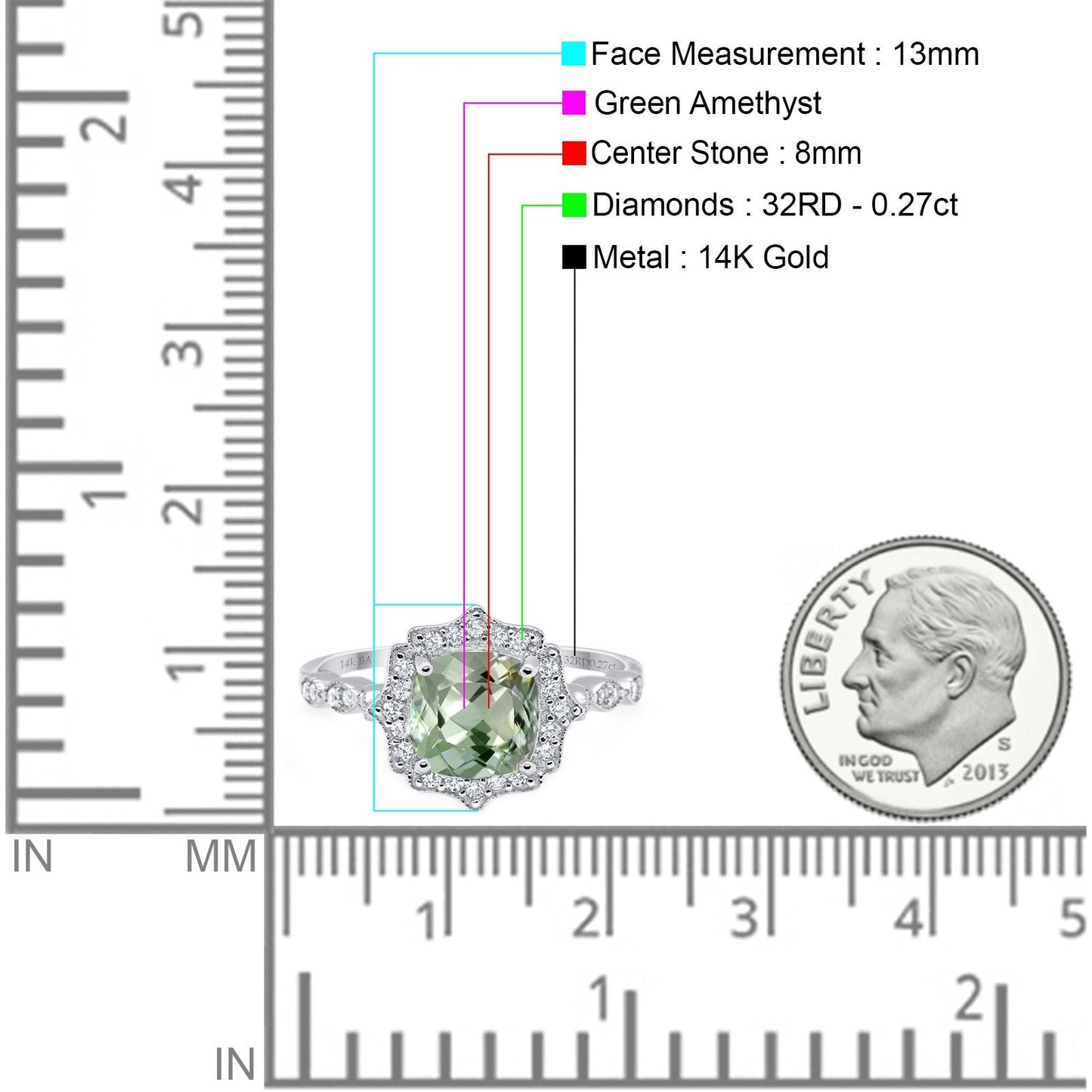 14K White Gold 2.31ct Cushion 8mm Halo G SI Natural Green Amethyst Diamond Engagement Wedding Ring Size 6.5