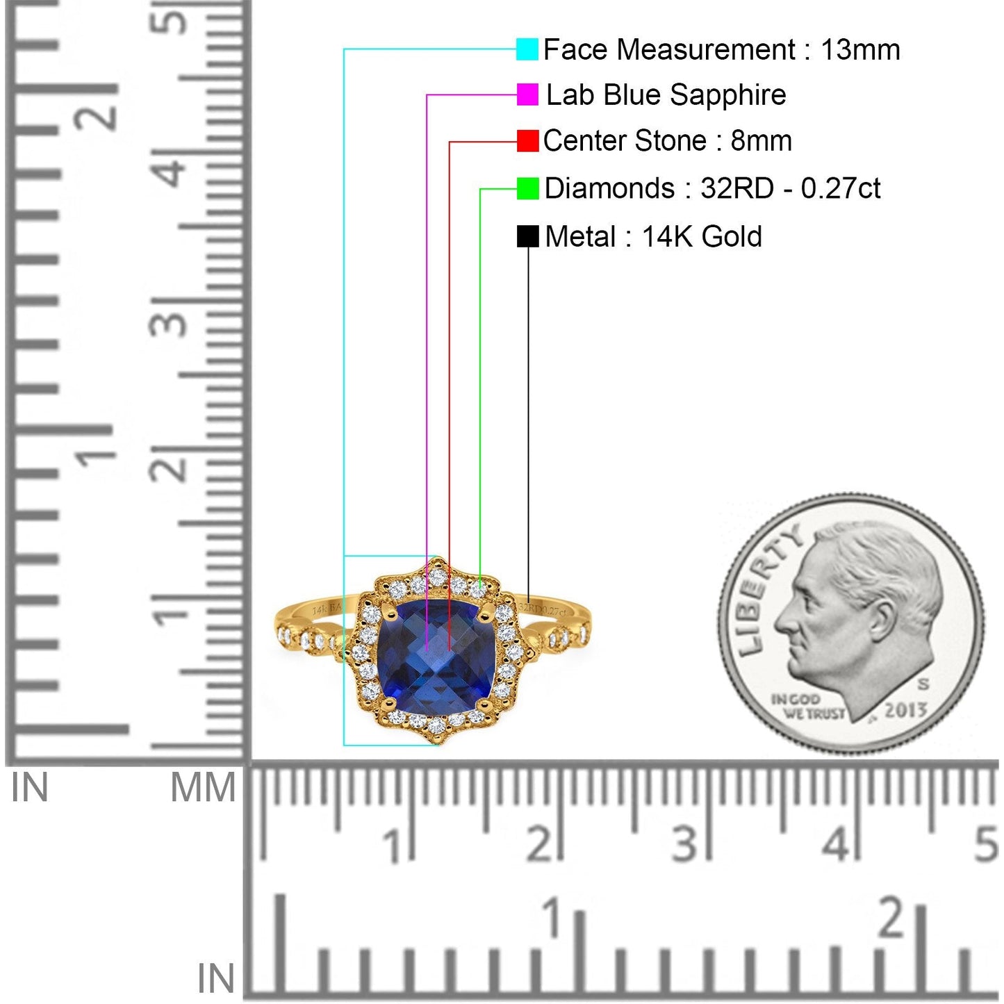 14K Yellow Gold 2.31ct Cushion 8mm Halo G SI Nano Blue Sapphire Diamond Engagement Wedding Ring Size 6.5