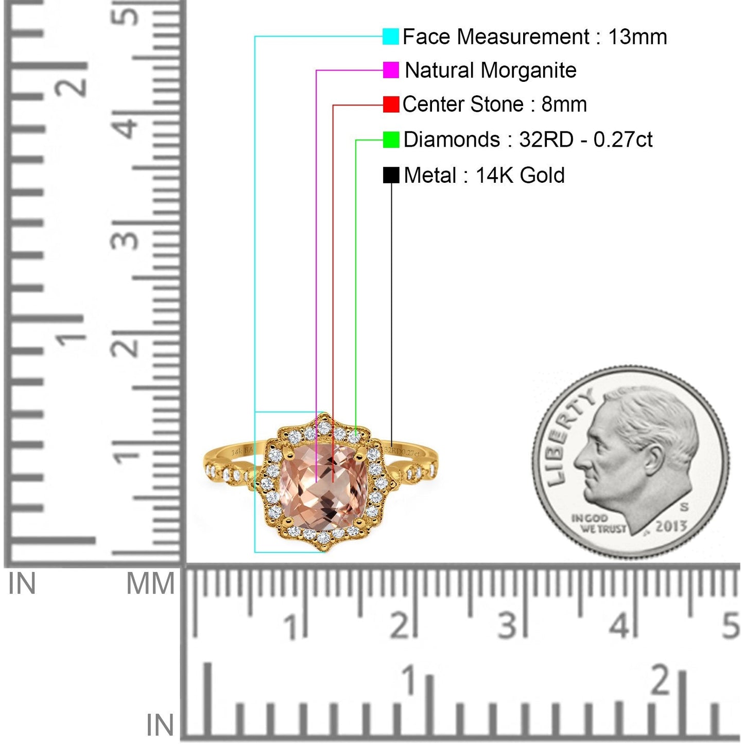 14K Yellow Gold 2.31ct Cushion 8mm Halo G SI Natural Morganite Diamond Engagement Wedding Ring Size 6.5