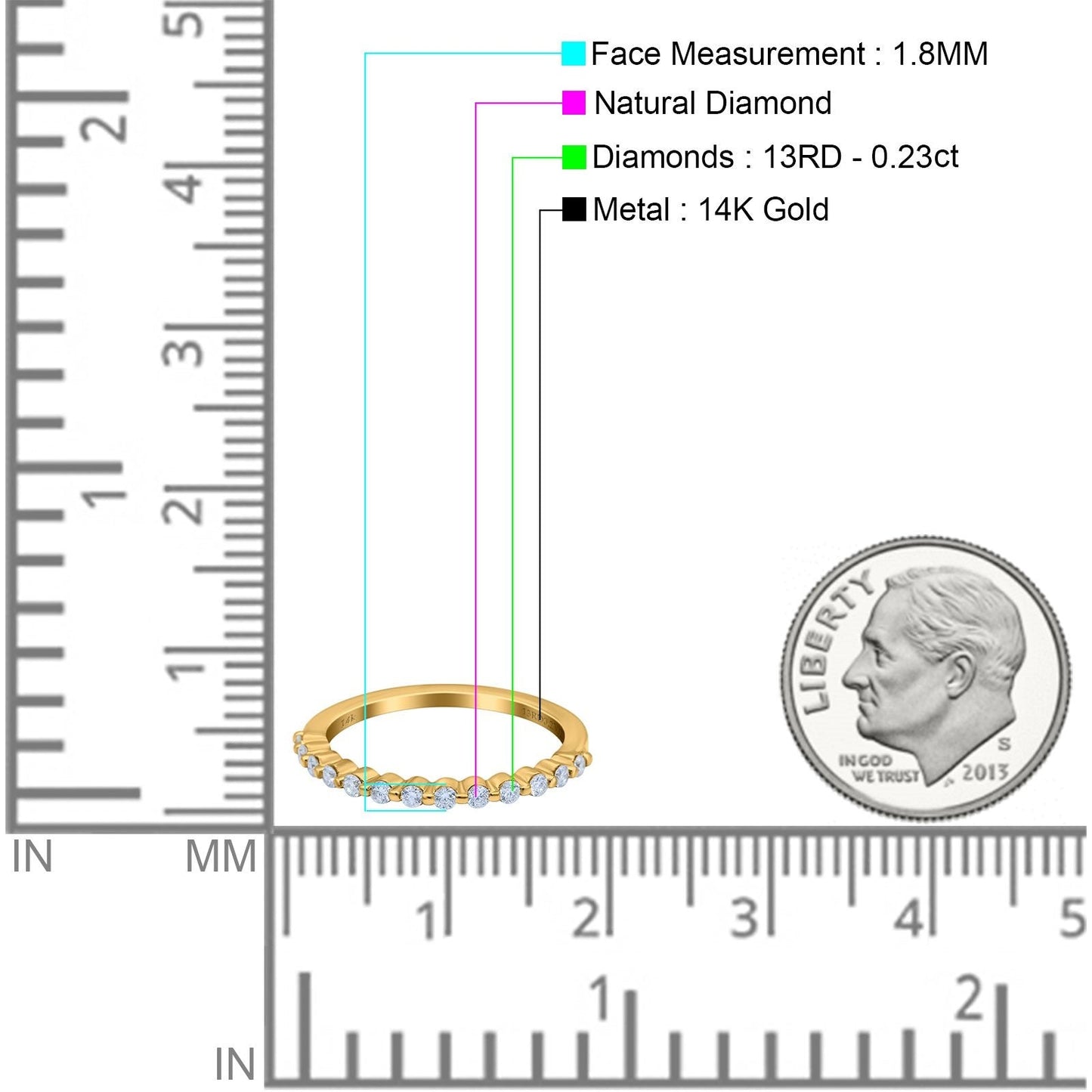 14K Yellow Gold 0.23ct Diamond Round Vintage Half Eternity 1.8mm Band Engagement Ring Size 6.5