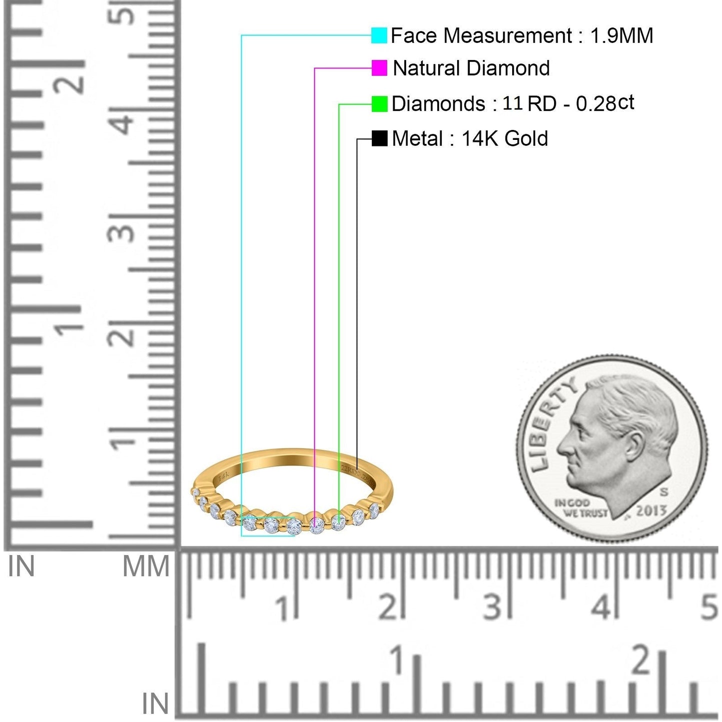 14K Yellow Gold 0.28ct Diamond Round Half Eternity 1.9mm Band Engagement Ring Size 6.5