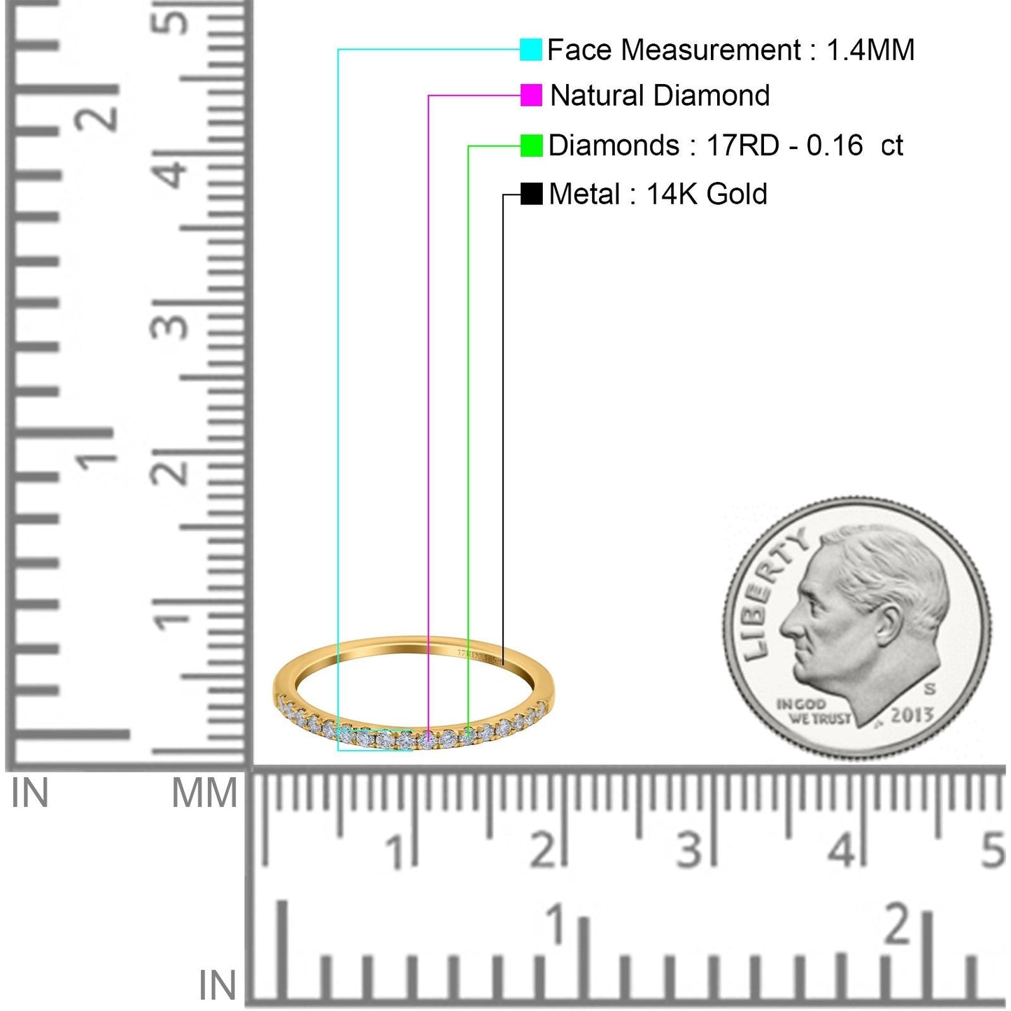 14K Yellow Gold 0.16ct Diamond Half Eternity Round 2mm Band Engagement Ring Size 6.5