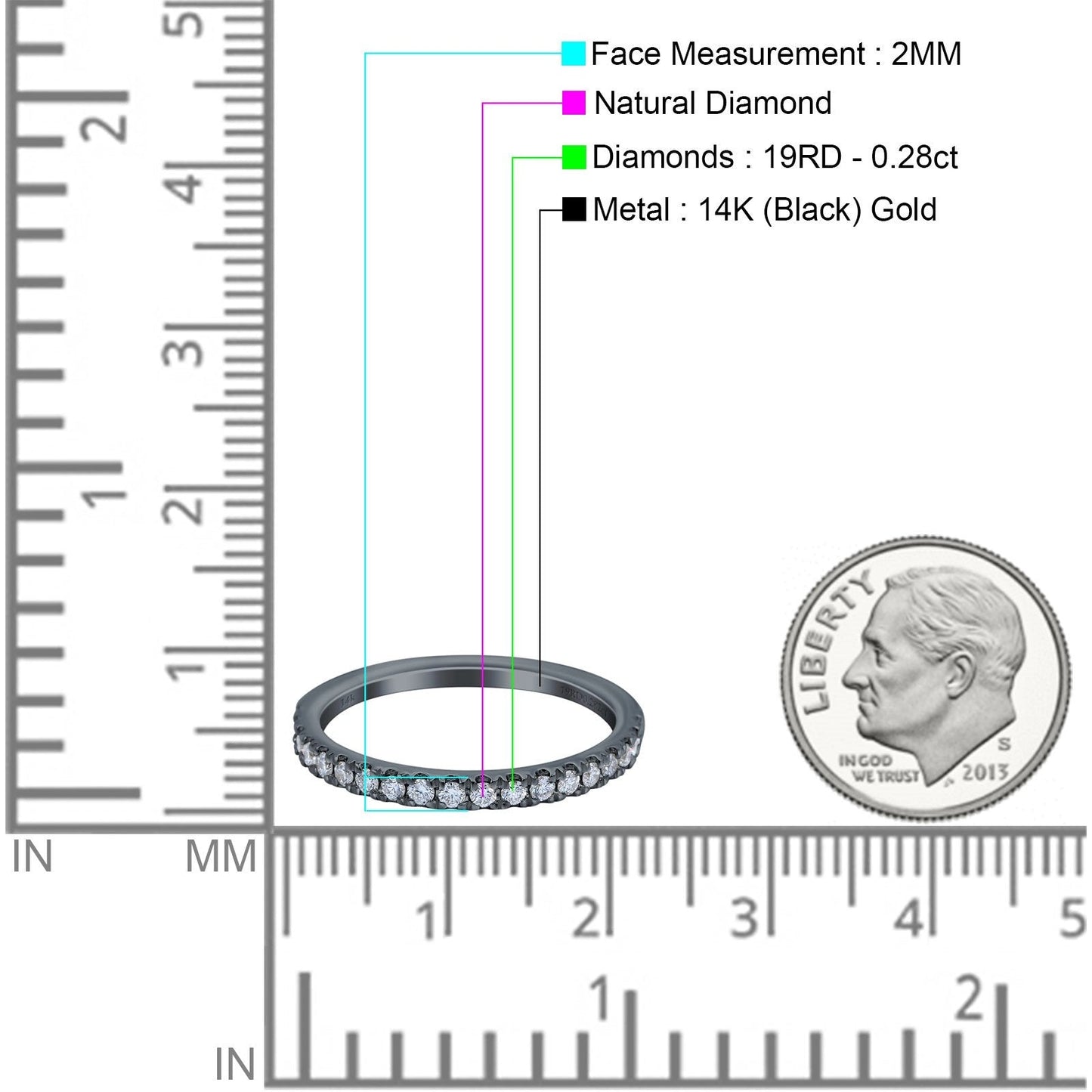 14K Black Gold 0.28ct Diamond Half Eternity Round 2mm Stacking Band Engagement Ring Size 6.5