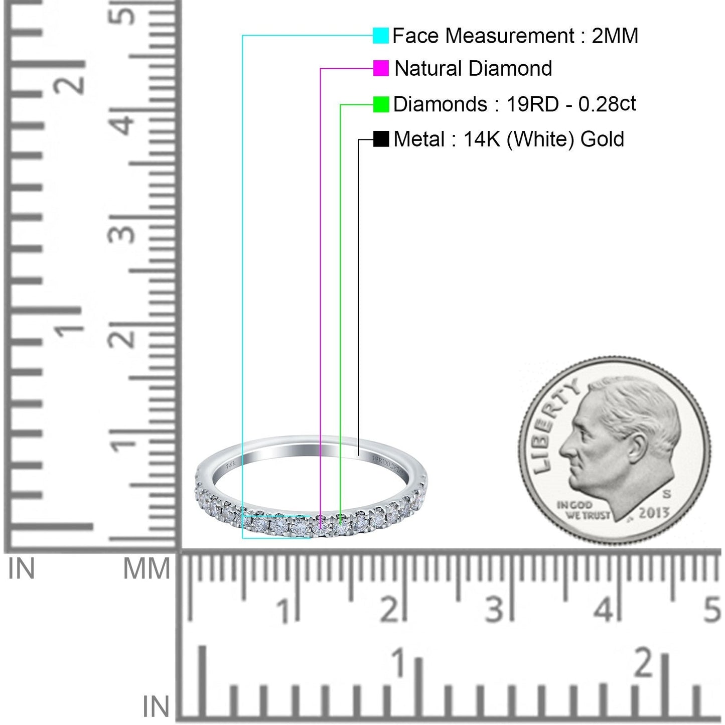 14K White Gold 0.28ct Diamond Half Eternity Round 2mm Stacking Band Engagement Ring Size 6.5