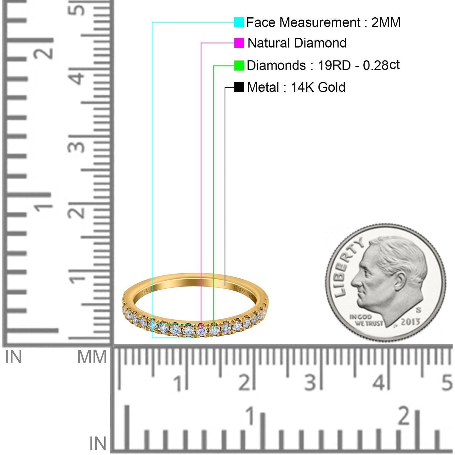 14K Yellow Gold 0.28ct Diamond Half Eternity Round 2mm Stacking Band Engagement Ring Size 6.5