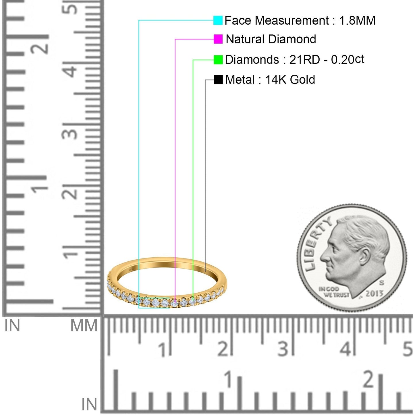 14K Yellow Gold 0.20ct Diamond Half Eternity Round 1.8mm Band Engagement Ring Size 6.5