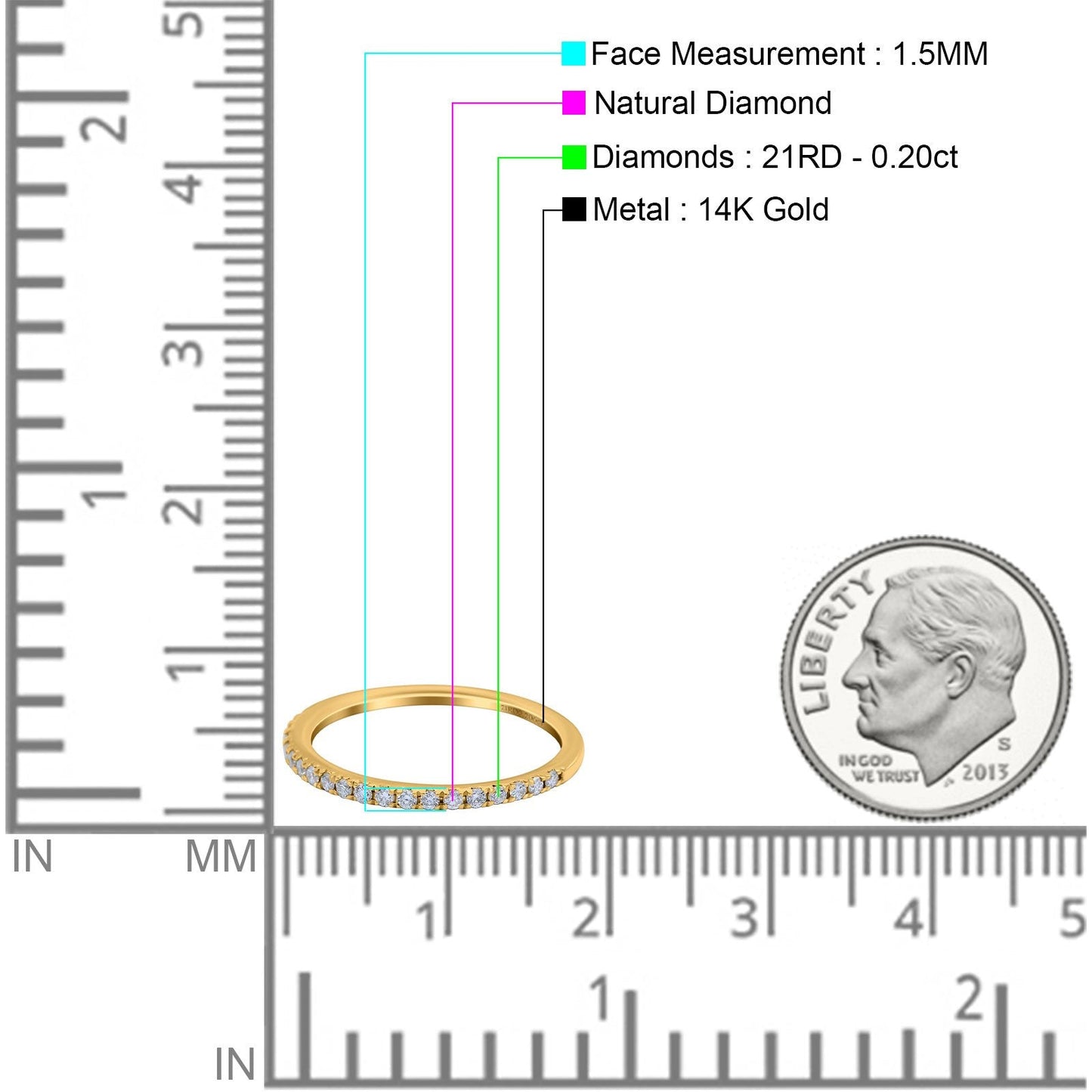 14K Yellow Gold 0.20ct Diamond 1.5mm Wedding Band Half Eternity Ring Size 6.5