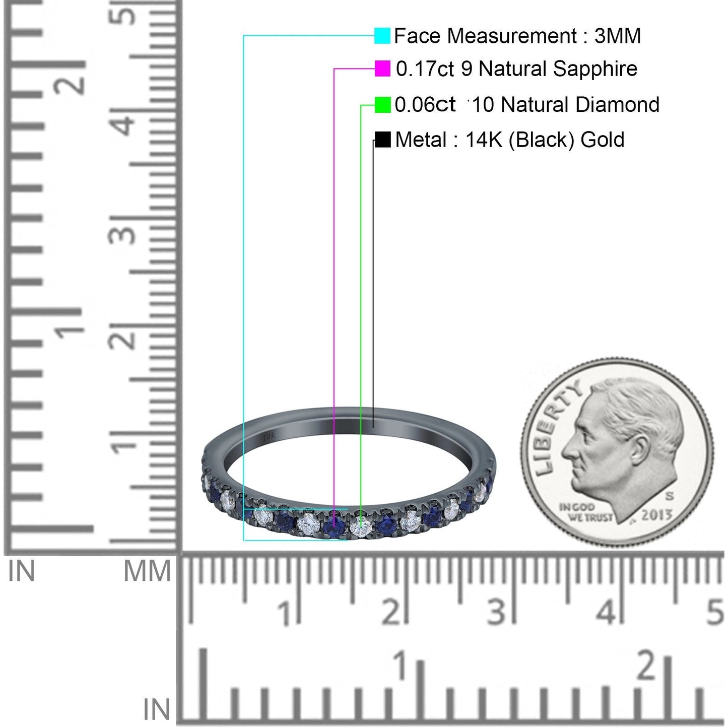 14K Black Gold Natural Sapphire 0.23ct Diamond 3mm Wedding Band Half Eternity Ring Size 6.5