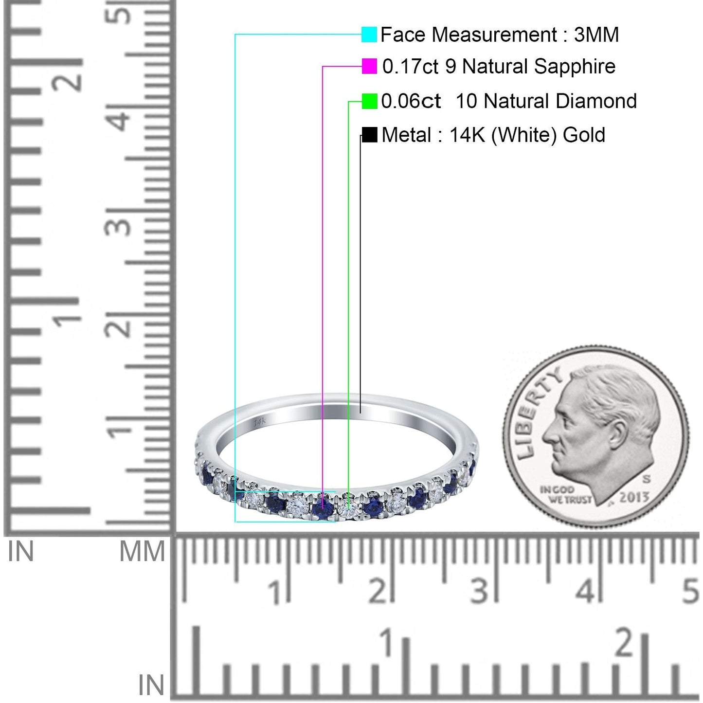 14K White Gold Natural Sapphire 0.23ct Diamond 3mm Wedding Band Half Eternity Ring Size 6.5