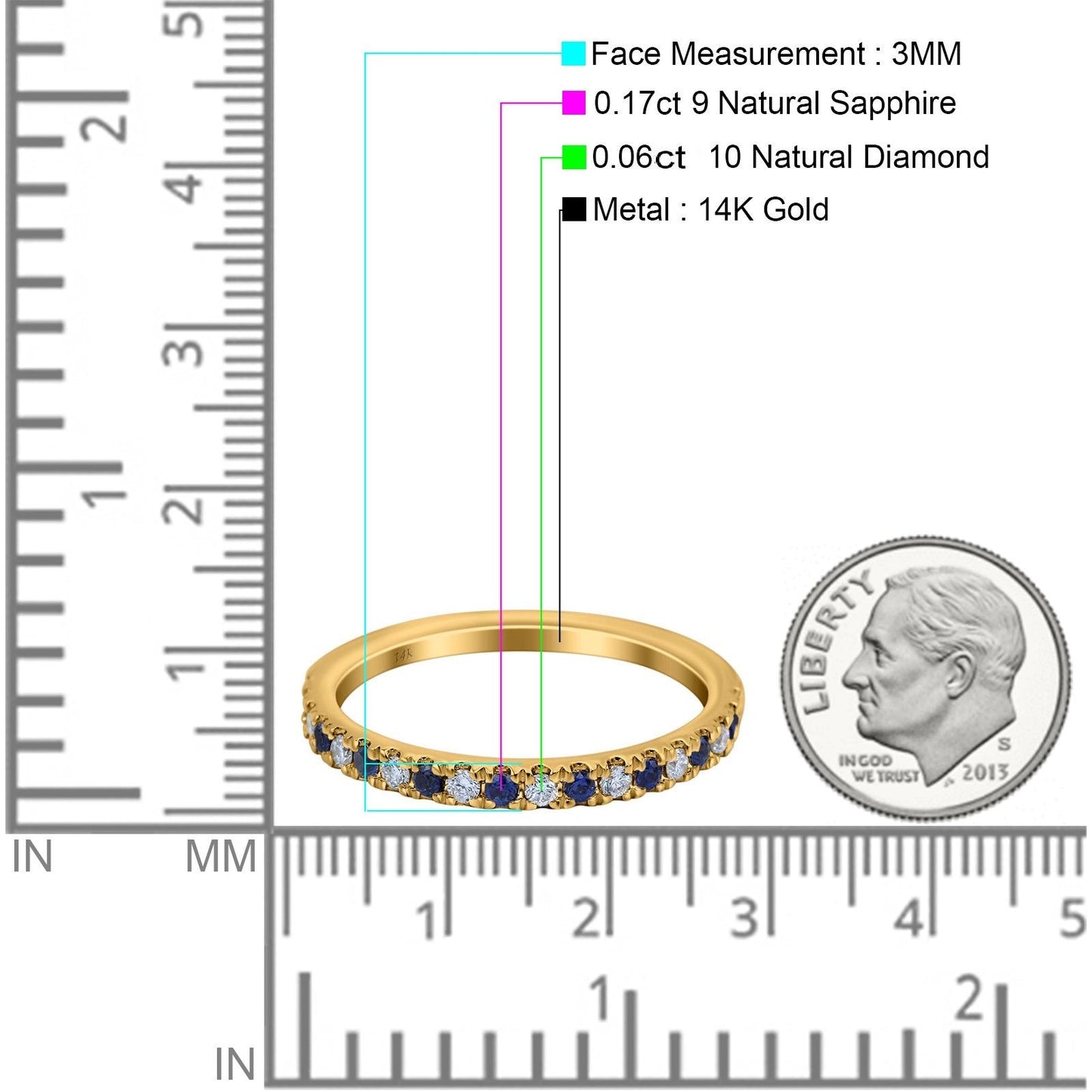 Bague de mariage en or jaune 14 carats avec saphir naturel et diamant de 0,23 ct de 3 mm, taille 6,5