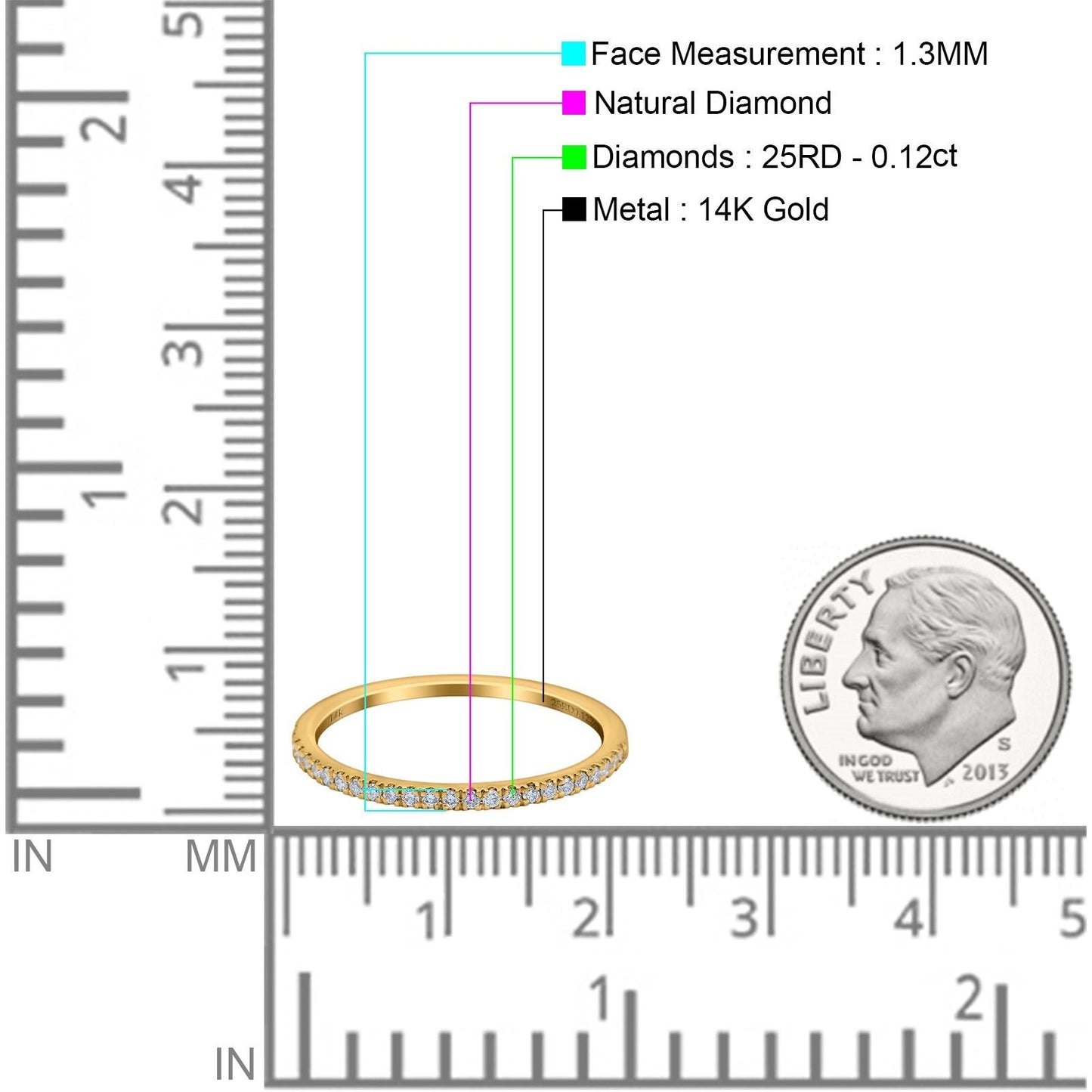 14K Yellow Gold Half Eternity 0.12ct Diamond 1.3mm Band Engagement Ring Size 6.5