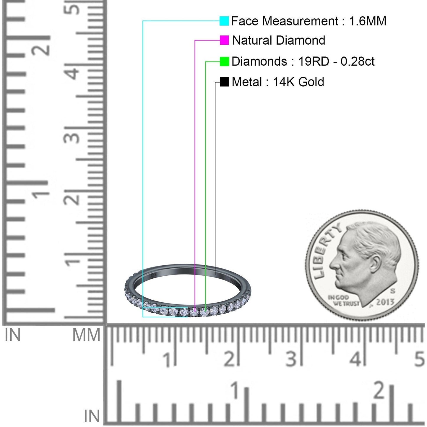 14K Black Gold 0.28ct Round 1.6mm G SI Stacking Half Eternity Diamond Bands Engagement Wedding Ring Size 6.5