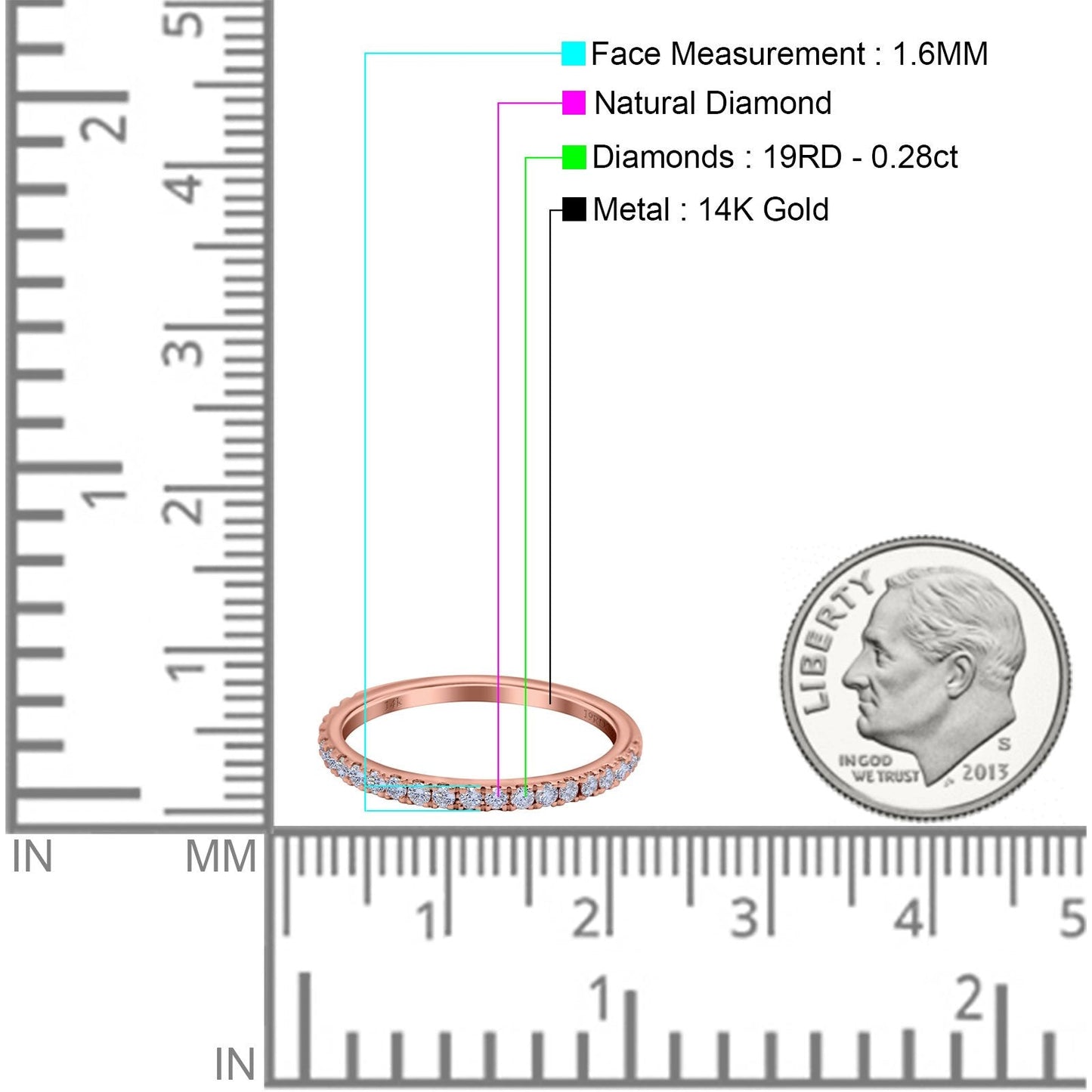 14K Rose Gold 0.28ct Round 1.6mm G SI Stacking Half Eternity Diamond Bands Engagement Wedding Ring Size 6.5