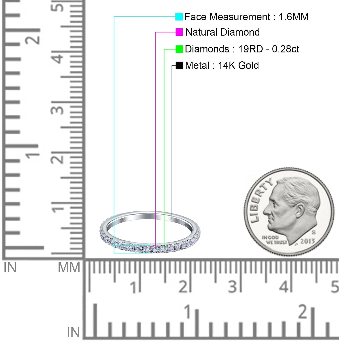 14K White Gold 0.28ct Round 1.6mm G SI Stacking Half Eternity Diamond Bands Engagement Wedding Ring Size 6.5