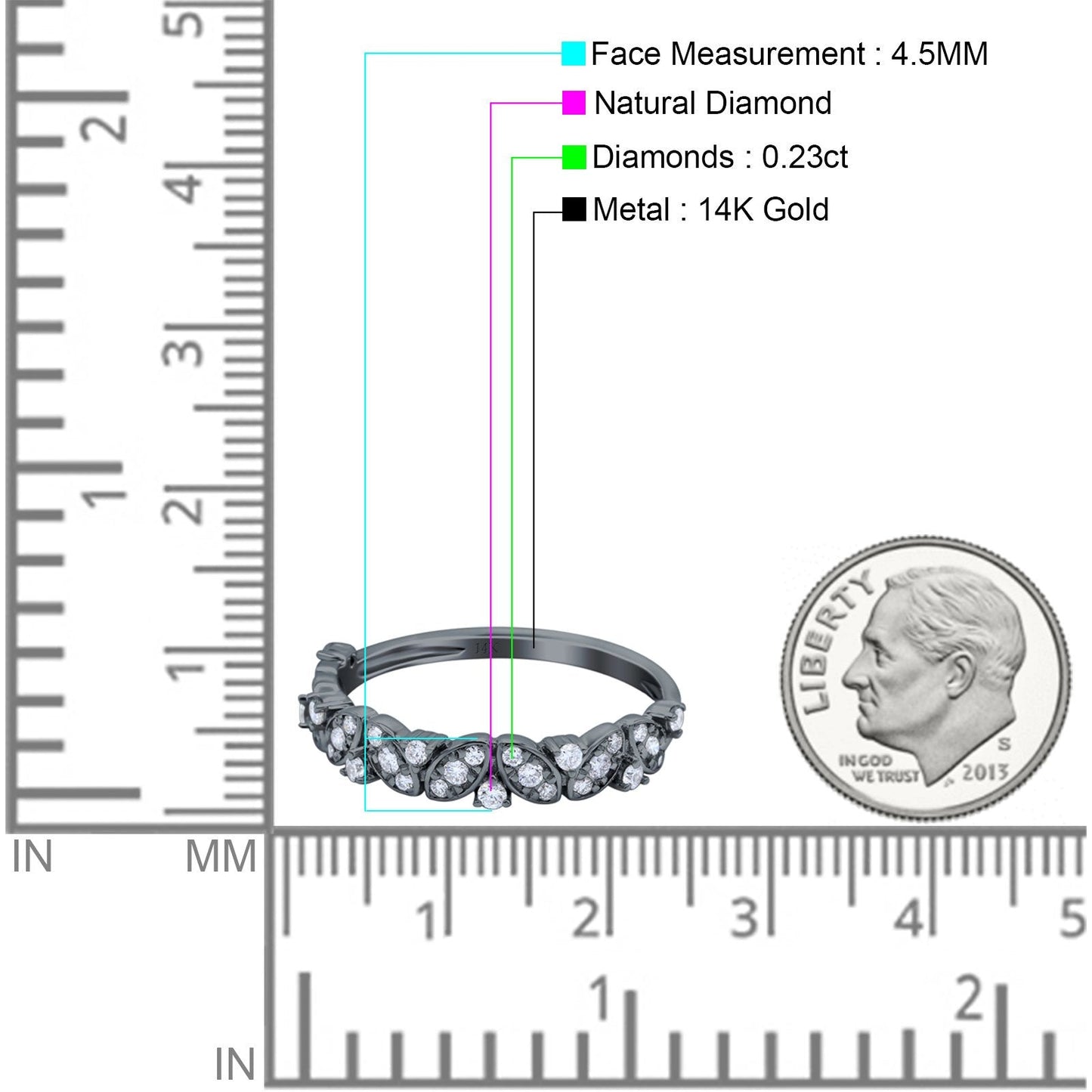 14K Black Gold 0.23ct Marquise & Round 4.5mm G SI Art Deco Half Eternity Diamond Band Engagement Wedding Ring Size 6.5