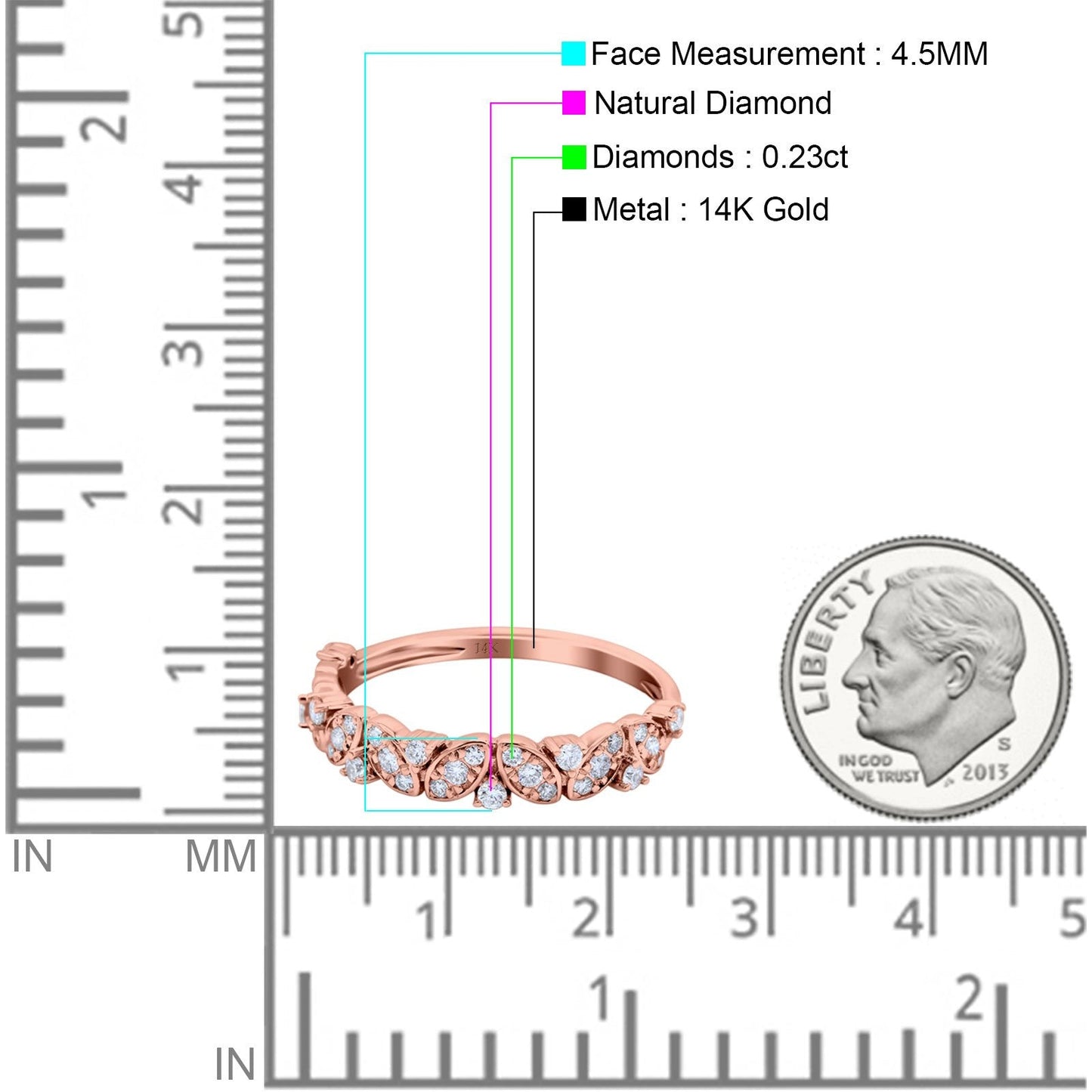 14K Rose Gold 0.23ct Marquise & Round 4.5mm G SI Art Deco Half Eternity Diamond Band Engagement Wedding Ring Size 6.5