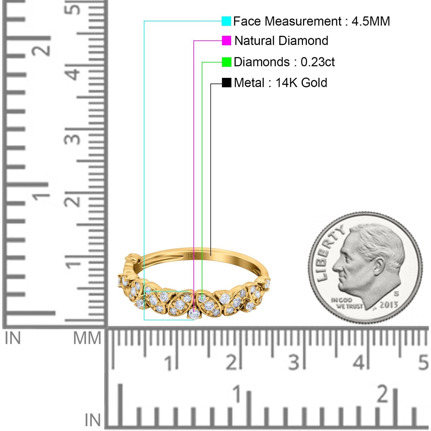 14K Yellow Gold 0.23ct Marquise & Round 4.5mm G SI Art Deco Half Eternity Diamond Band Engagement Wedding Ring Size 6.5