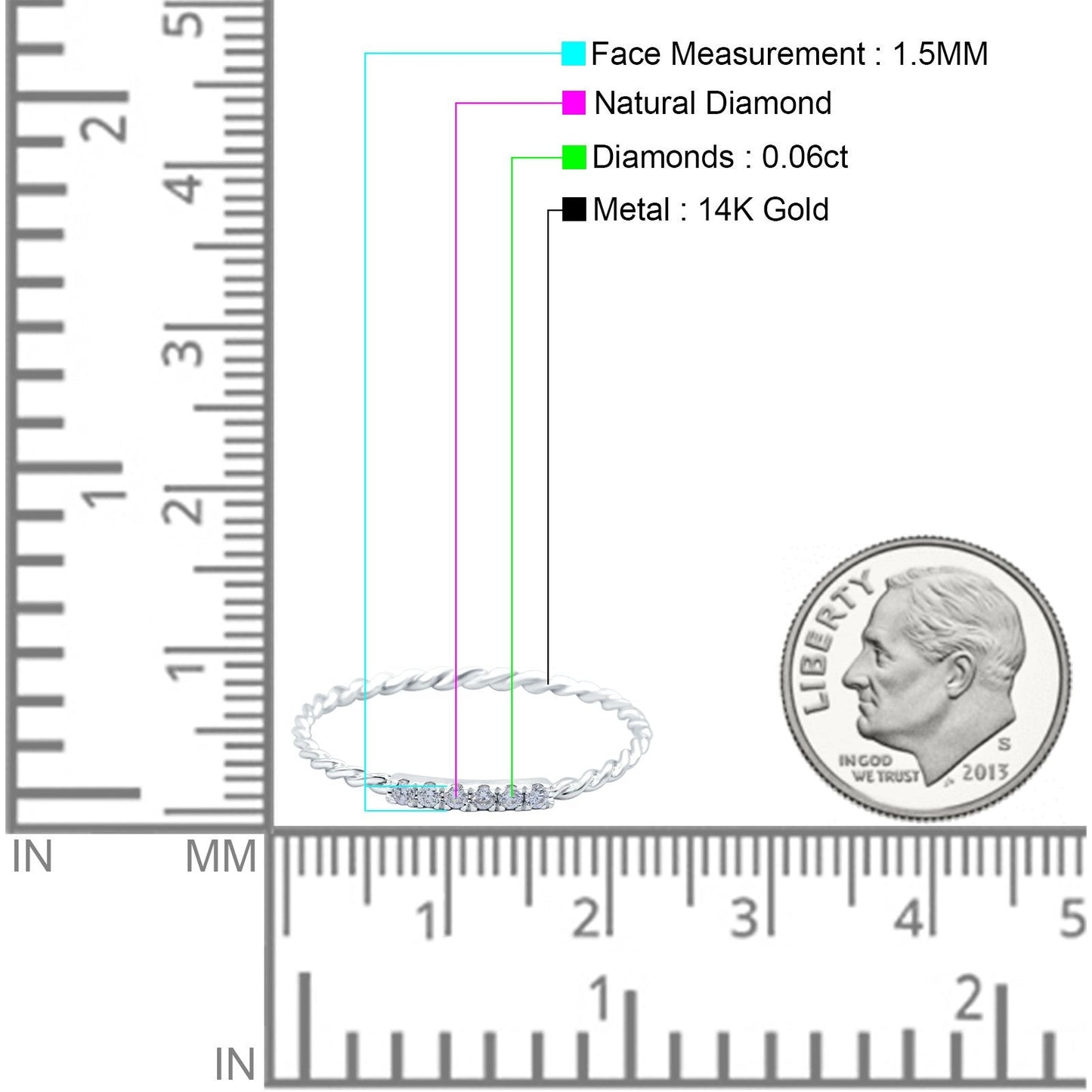 14K White Gold 0.06ct Round 1.5mm G SI Twist Braided Cable Diamond Eternity Band Engagement Wedding Ring Size 6.5