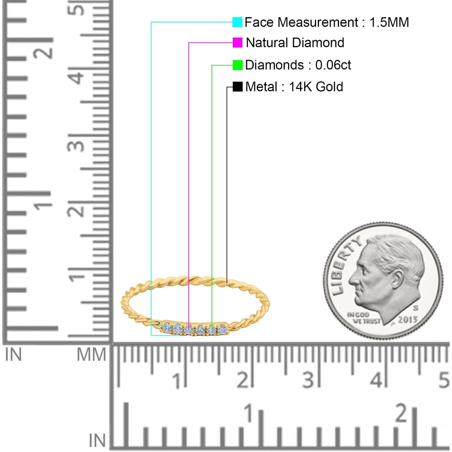 14K Yellow Gold 0.06ct Round 1.5mm G SI Twist Braided Cable Diamond Eternity Band Engagement Wedding Ring Size 6.5