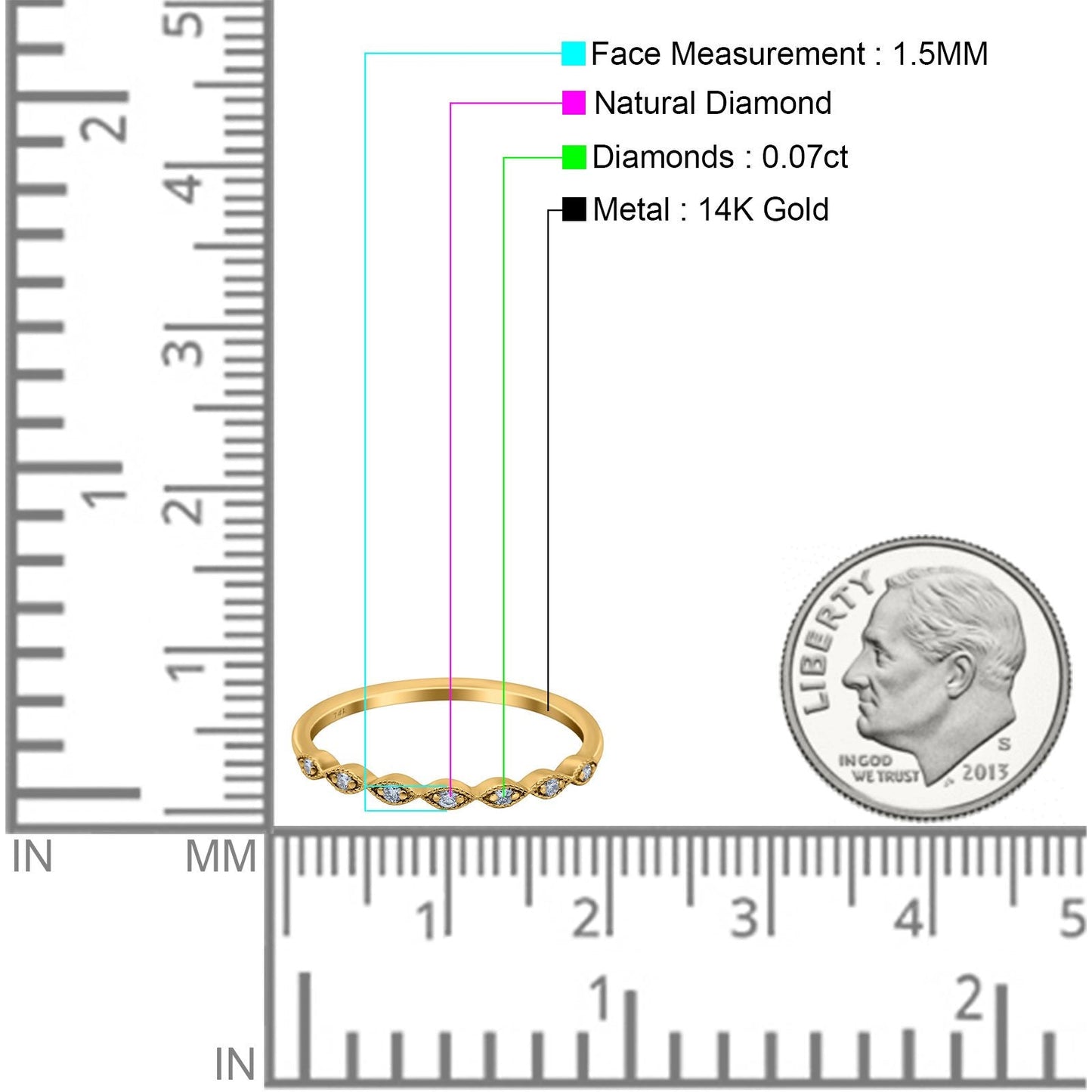 14K Yellow Gold Diamond Engagement 1.5mm Band Ring Half Eternity 0.07ct Size 6.5