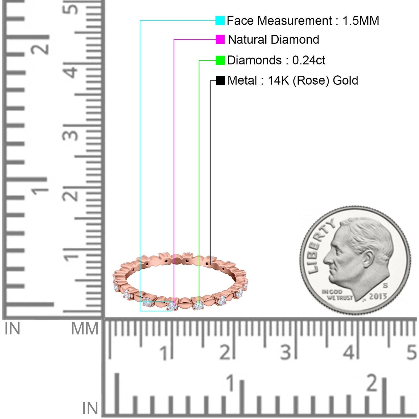 14K Rose Gold 0.24ct Diamond 1.5mm Wedding Band Full Eternity Ring Size 6.5