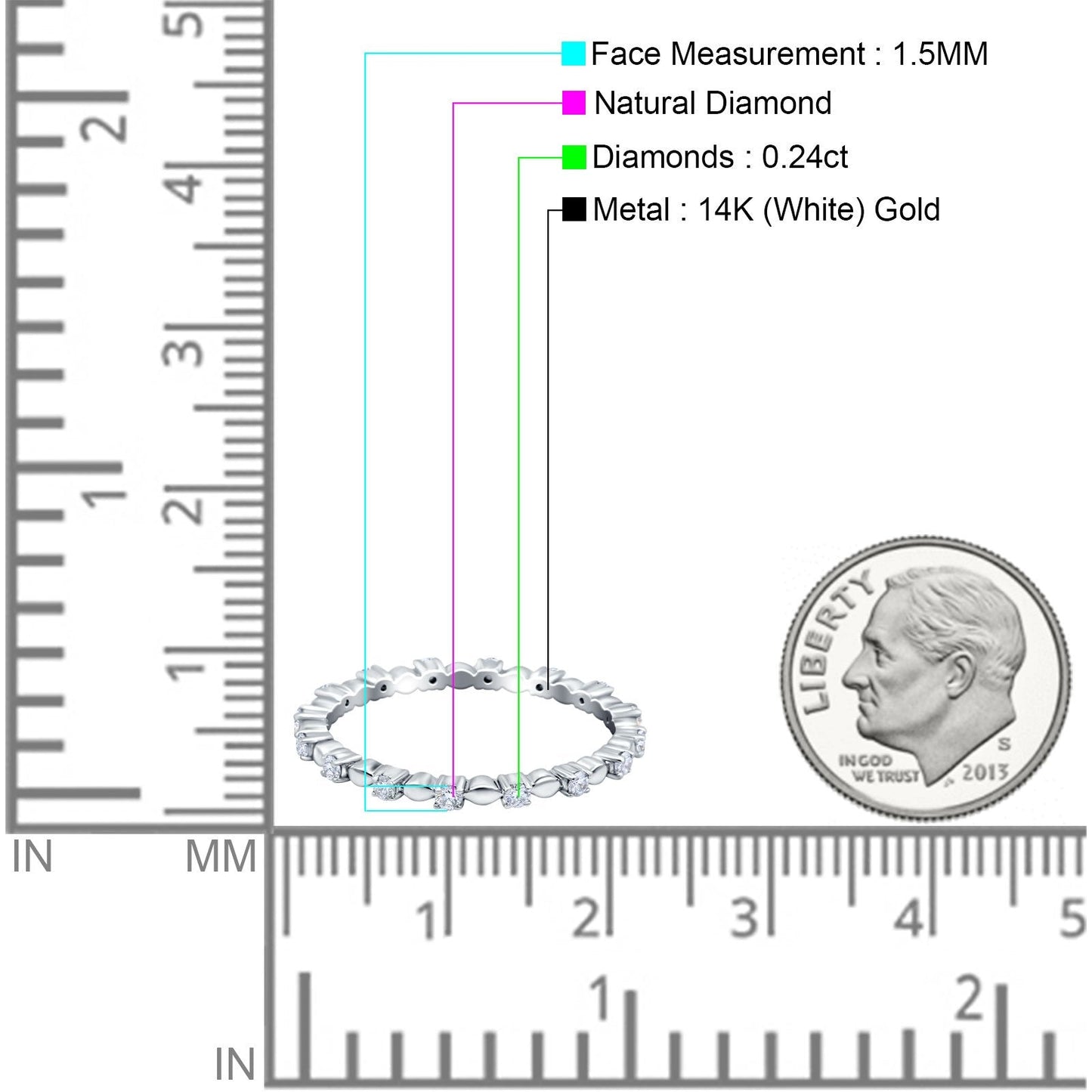 14K White Gold 0.24ct Diamond 1.5mm Wedding Band Full Eternity Ring Size 6.5