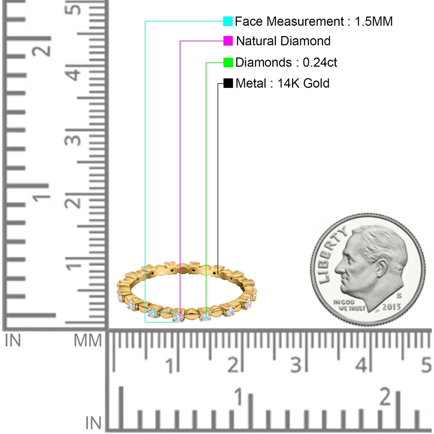 14K Yellow Gold 0.24ct Diamond 1.5mm Wedding Band Full Eternity Ring Size 6.5