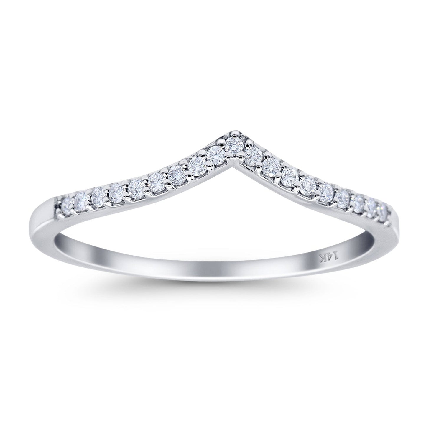 14K White Gold 0.10ct Round 4mm F S2 V Shape Stackable Chevron Diamond Half Eternity Wedding Band Ring Size 6.5