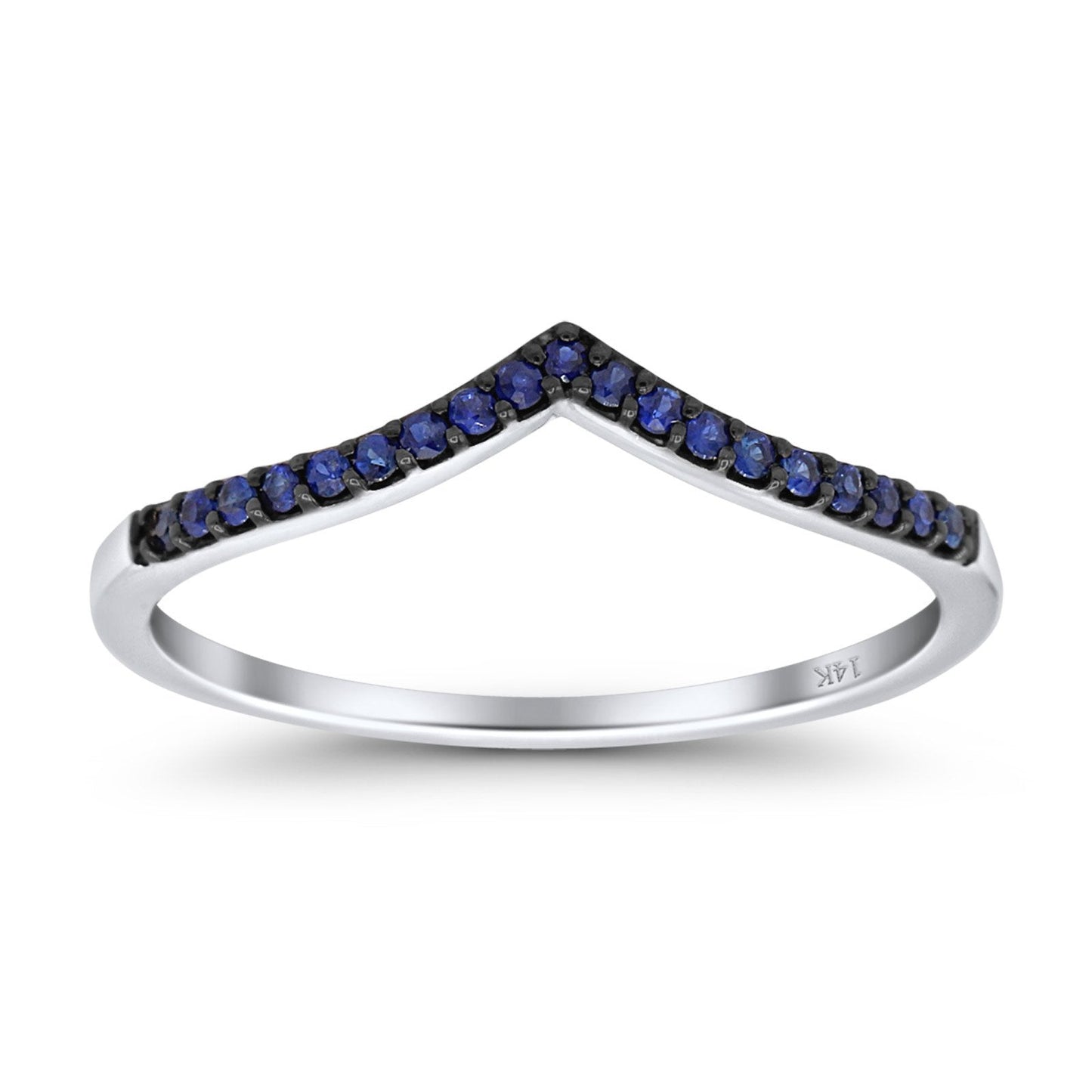 14K White Gold 0.18ct Round 4mm F S2 V Shape Natural Blue Sapphire Chevron Diamond Half Eternity Wedding Band Ring Size 6.5