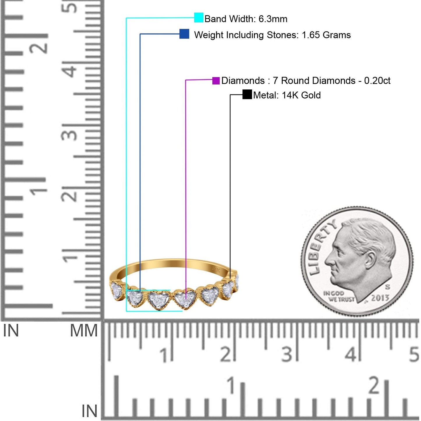 14K Yellow Gold 0.20ct Heart 6.3mm G SI Diamond Engagement Half Eternity Wedding Ring Size 6.5