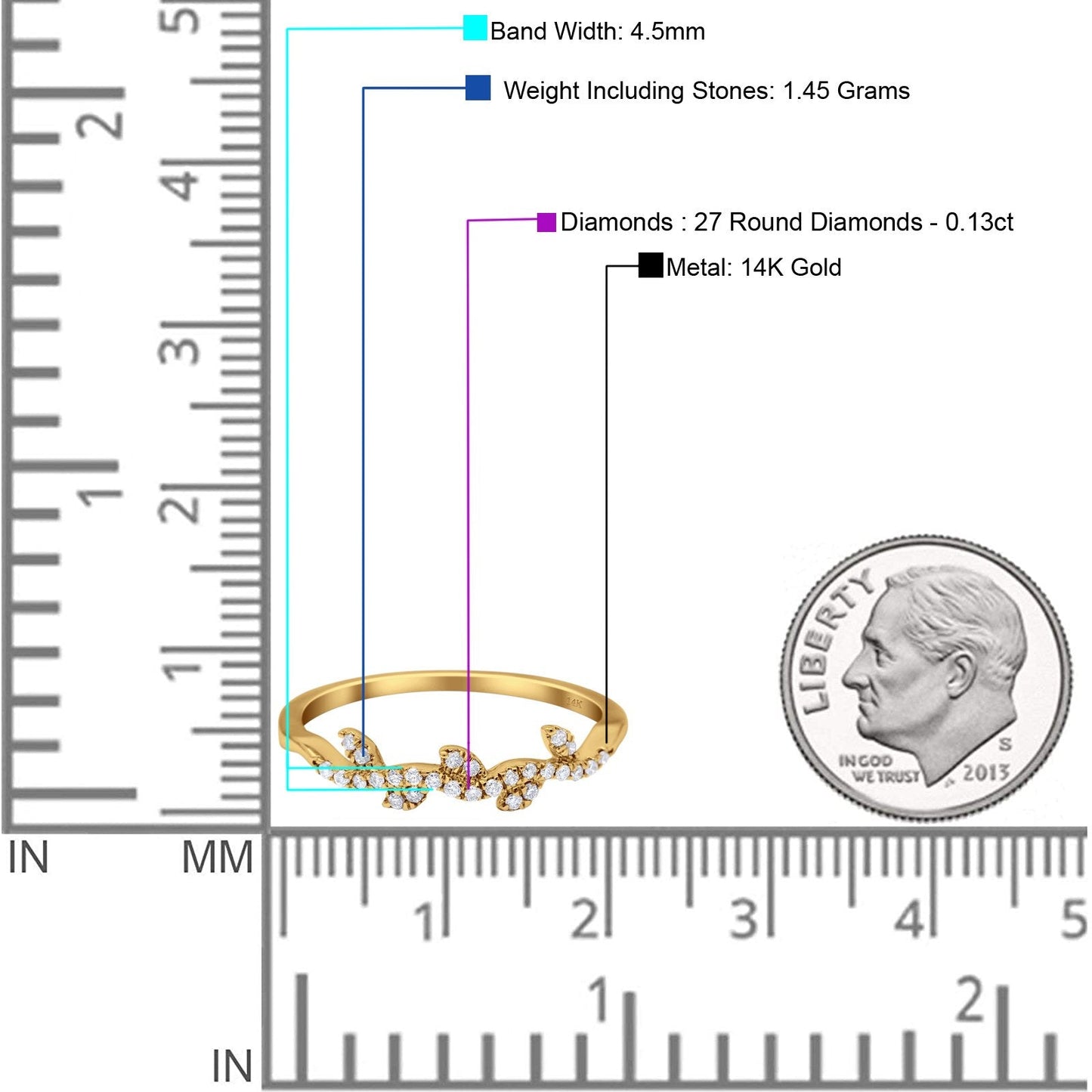 14K Yellow Gold 0.13ct Round 4.5mm G SI Half Eternity Leaf Vine Trendy Stackable Diamond Engagement Wedding Ring Size 6.5