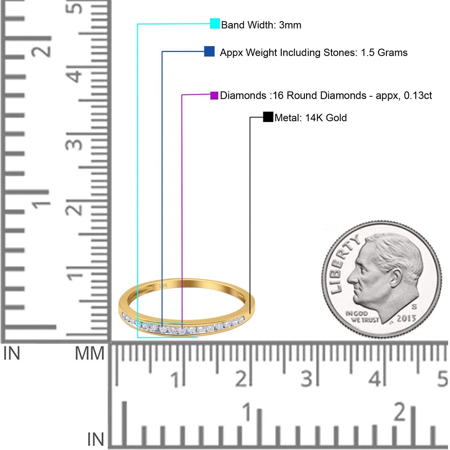 14K Yellow Gold 0.13ct Round 3mm G SI Half Eternity Diamond Engagement Wedding Ring Size 6.5