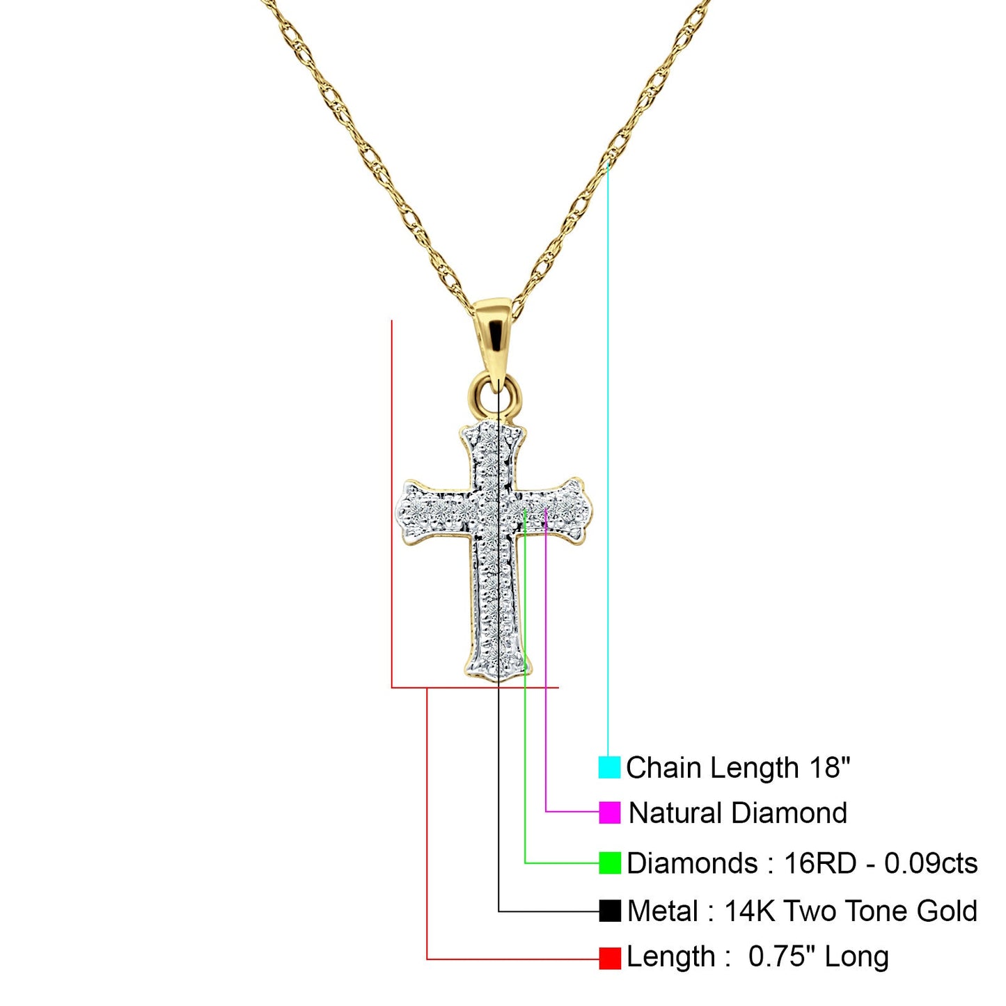 14K Yellow Gold 0.09ct diamond cross pendant necklace 18 Inch Long Wholesale