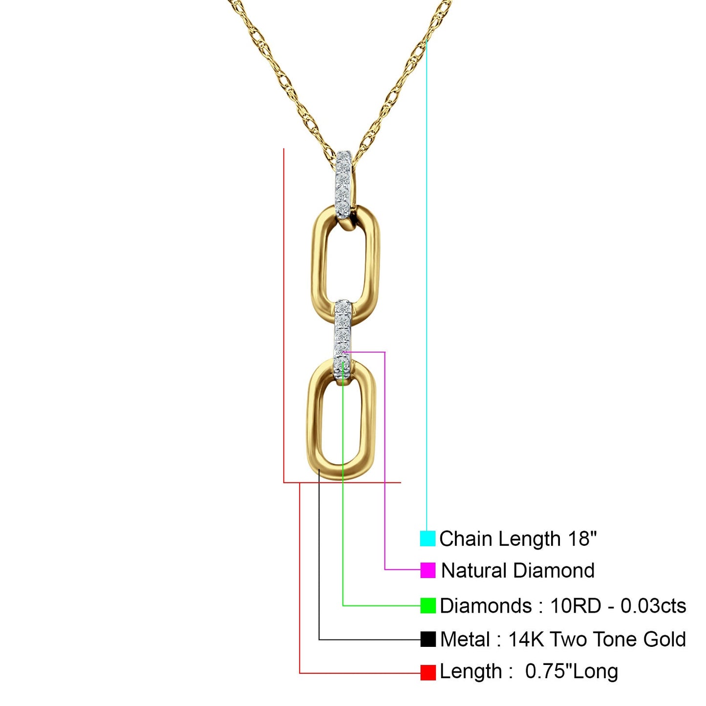 14K Yellow Gold 0.03ct Paperclip Necklace Round Diamond Pendant 18" Long Wholesale